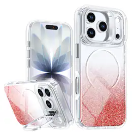 Dteck - Glitter Magnetic Case for Apple iPhone 17 Pro Max with Camera Ring Kickstand, Gradient Shockproof Protective Slim Cover - Red