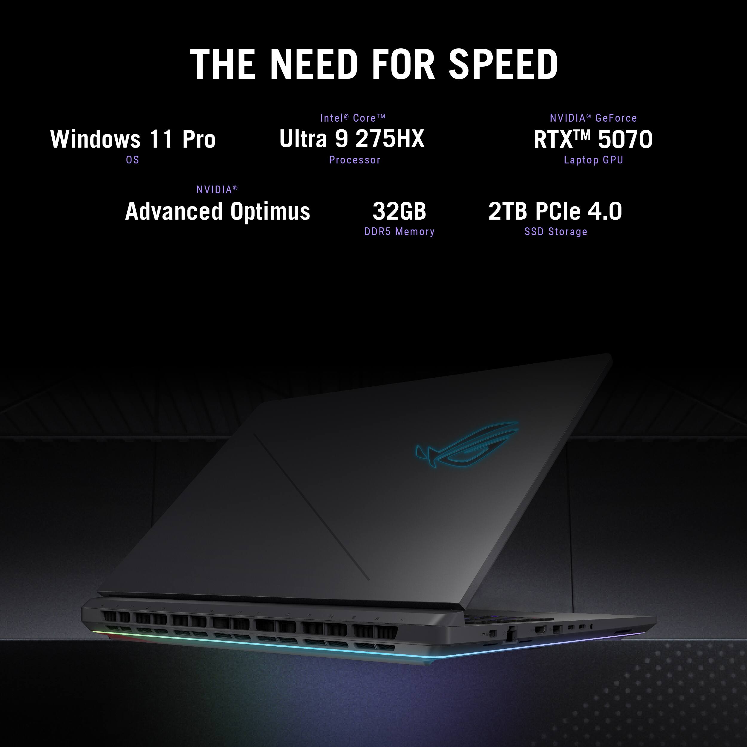 The Need for Speed Windows 11 Pro Ultra 9 275HX Processor NVIDIA GeForce RTX 5070 Laptop GPU NVIDIA Advanced Optimus 32GB DDRS Memory 2TB PCle 4.0 SSD Storage