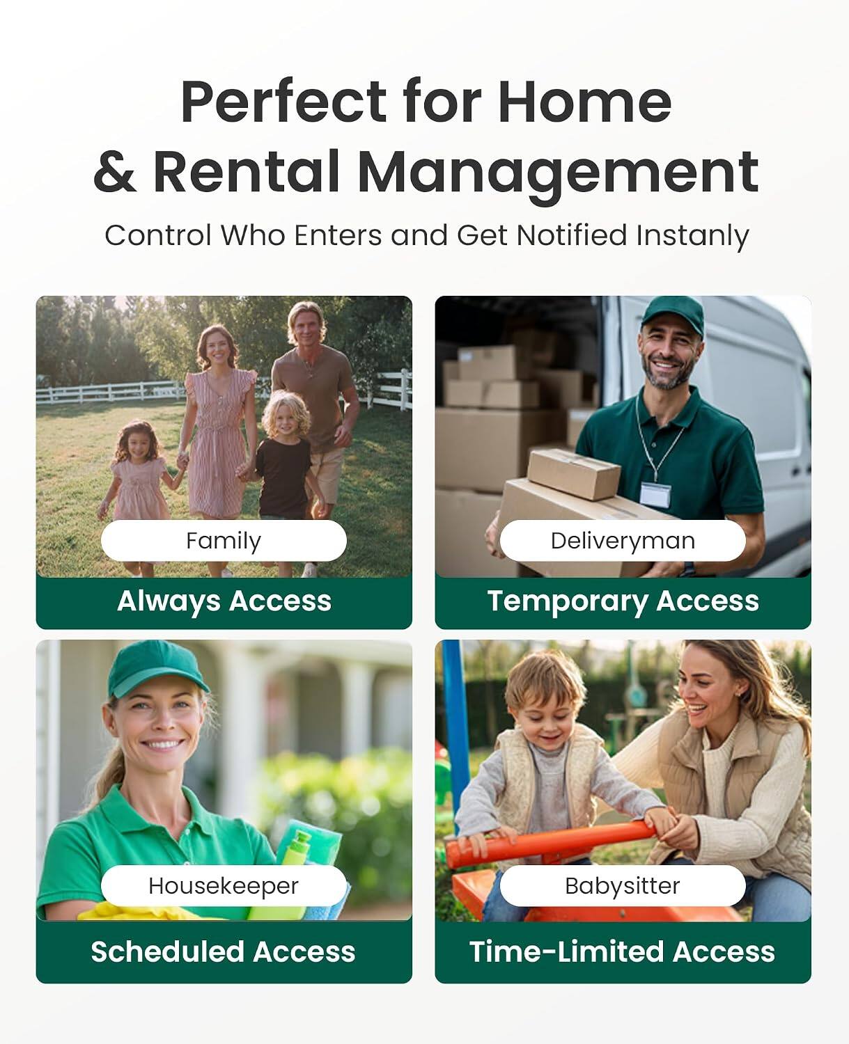 Perfect for Home & Rental Management  
Control Who Enters and Get Notified Instantly  

Family  
Always Access  

Deliveryman  
Temporary Access  

Housekeeper  
Scheduled Access  

Babysitter  
Time-Limited Access