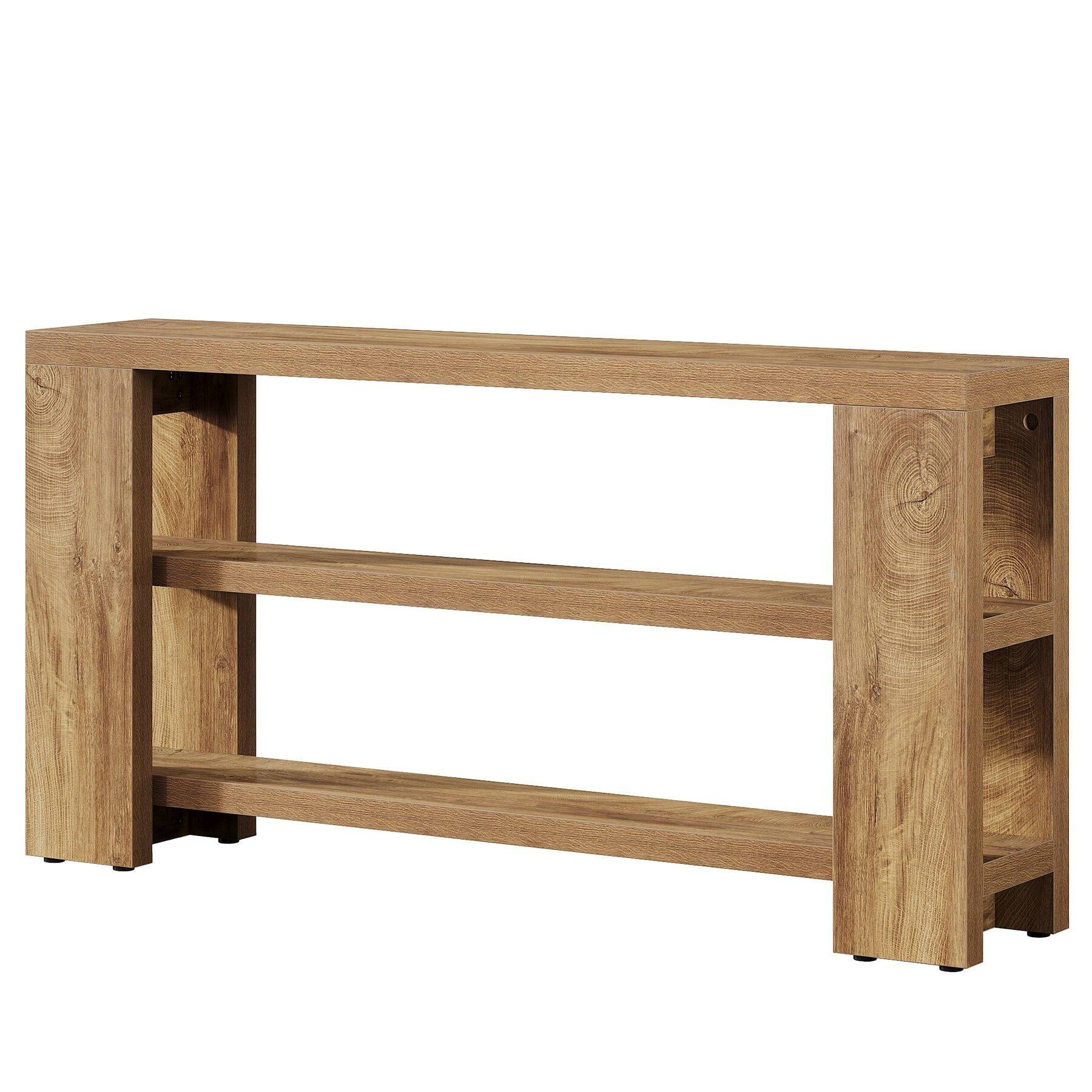 Angle. Kadyn - Oak Wood Console Table - 3-Shelf Open Base, Rustic Entryway/Living Room Storage, Sturdy & Elegant, Brown - Brown.
