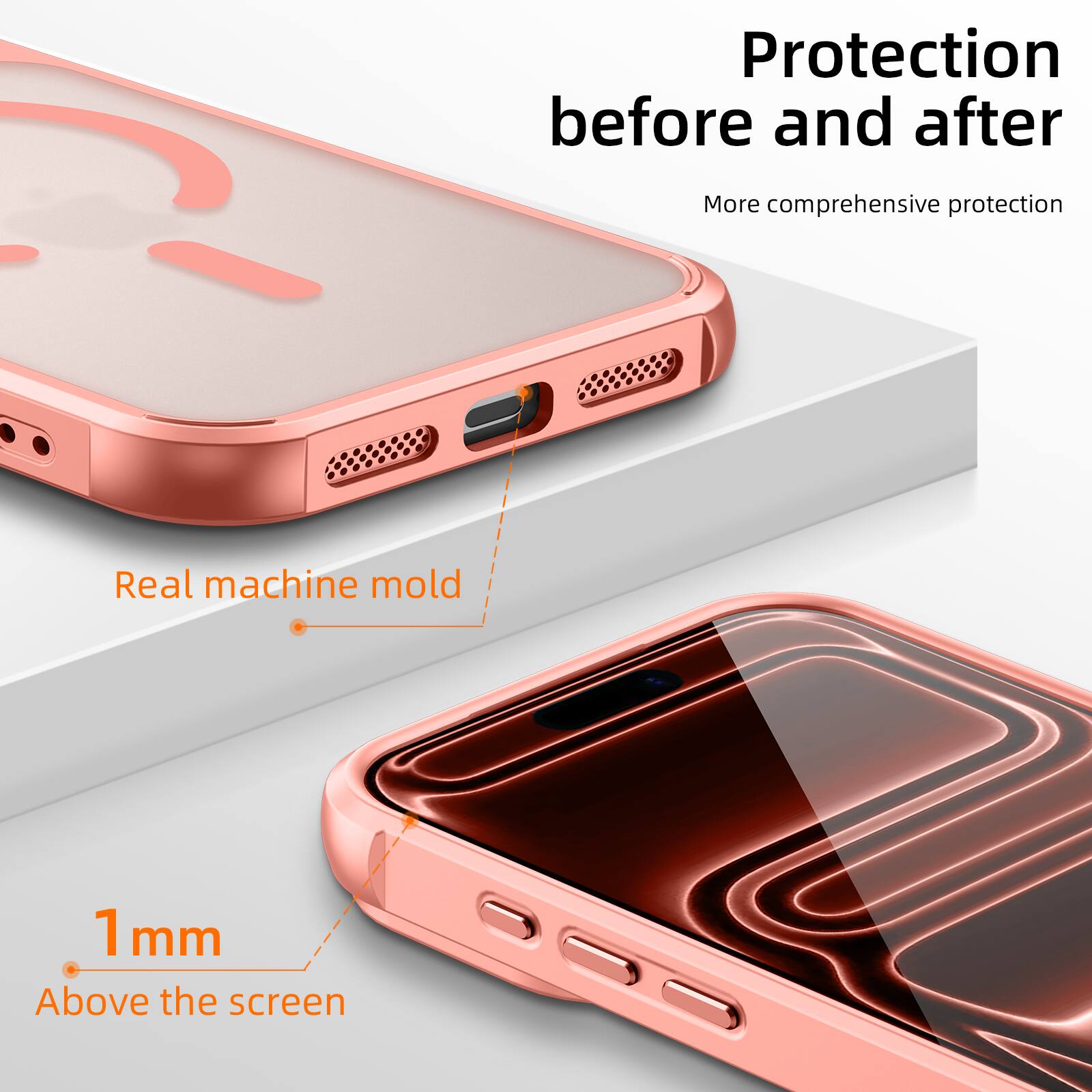 Protection before and after  
More comprehensive protection  
Real machine mold  
1 mm Above the screen