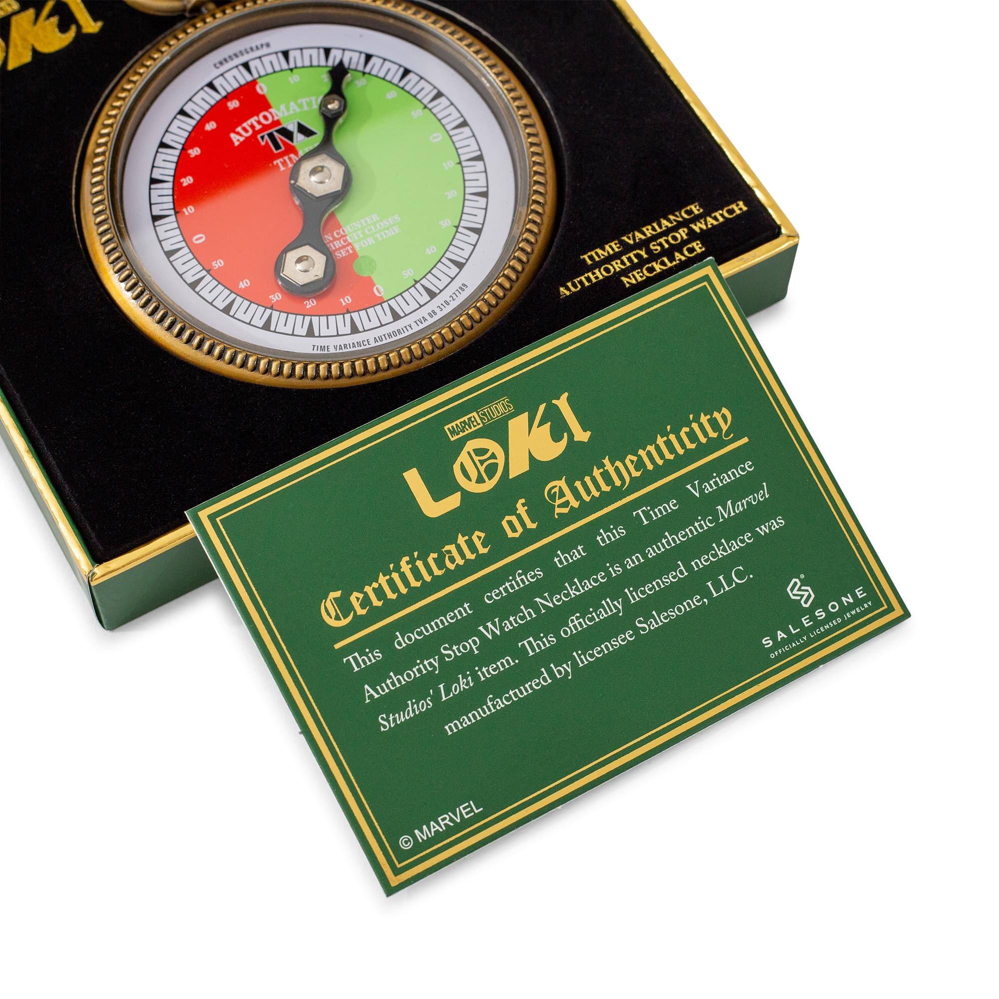 **Certificate of Authenticity**

This document certifies that this Time Variance Authority Stop Watch Necklace is an authentic Marvel Studios' Loki item. This officially licensed necklace was manufactured by licensee Salesone, LLC.

**Time Variance Authority Stop Watch Necklace**

**SALESONE**  
**MARVEL**
