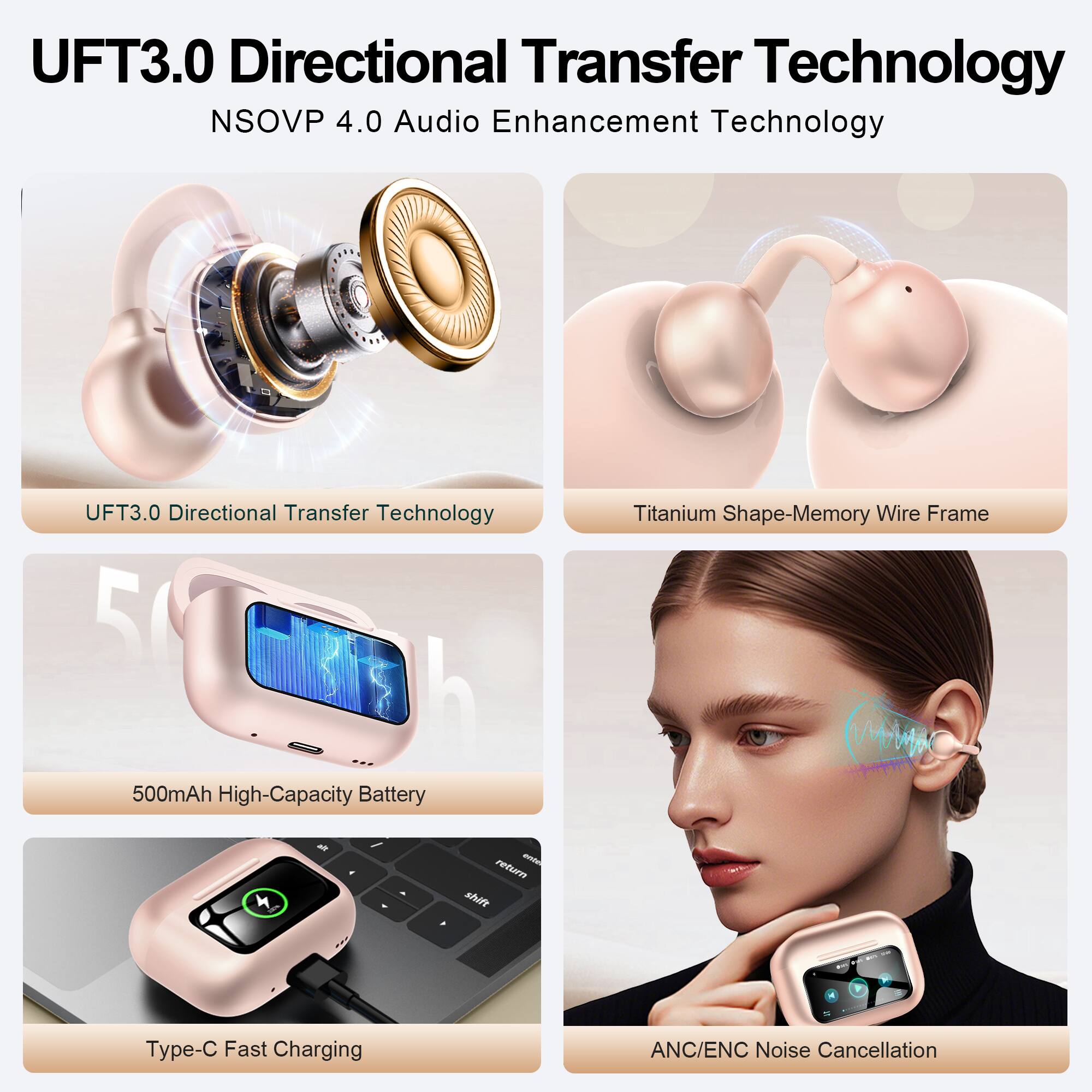 UFT3.0 Directional Transfer Technology  
NSOVP 4.0 Audio Enhancement Technology  
UFT3.0 Directional Transfer Technology  
5 h  
500mAh High-Capacity Battery  
Titanium Shape-Memory Wire Frame  
Type-C Fast Charging  
ANC/ENC Noise Cancellation