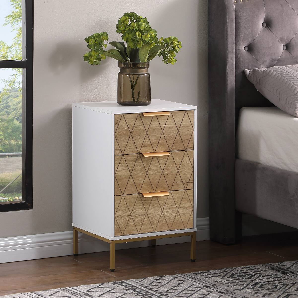 Angle. Loheer - Loheer Three Drawer Nightstand, Mid Century Modern White and Natural Bedroom End Table - Natural and White.