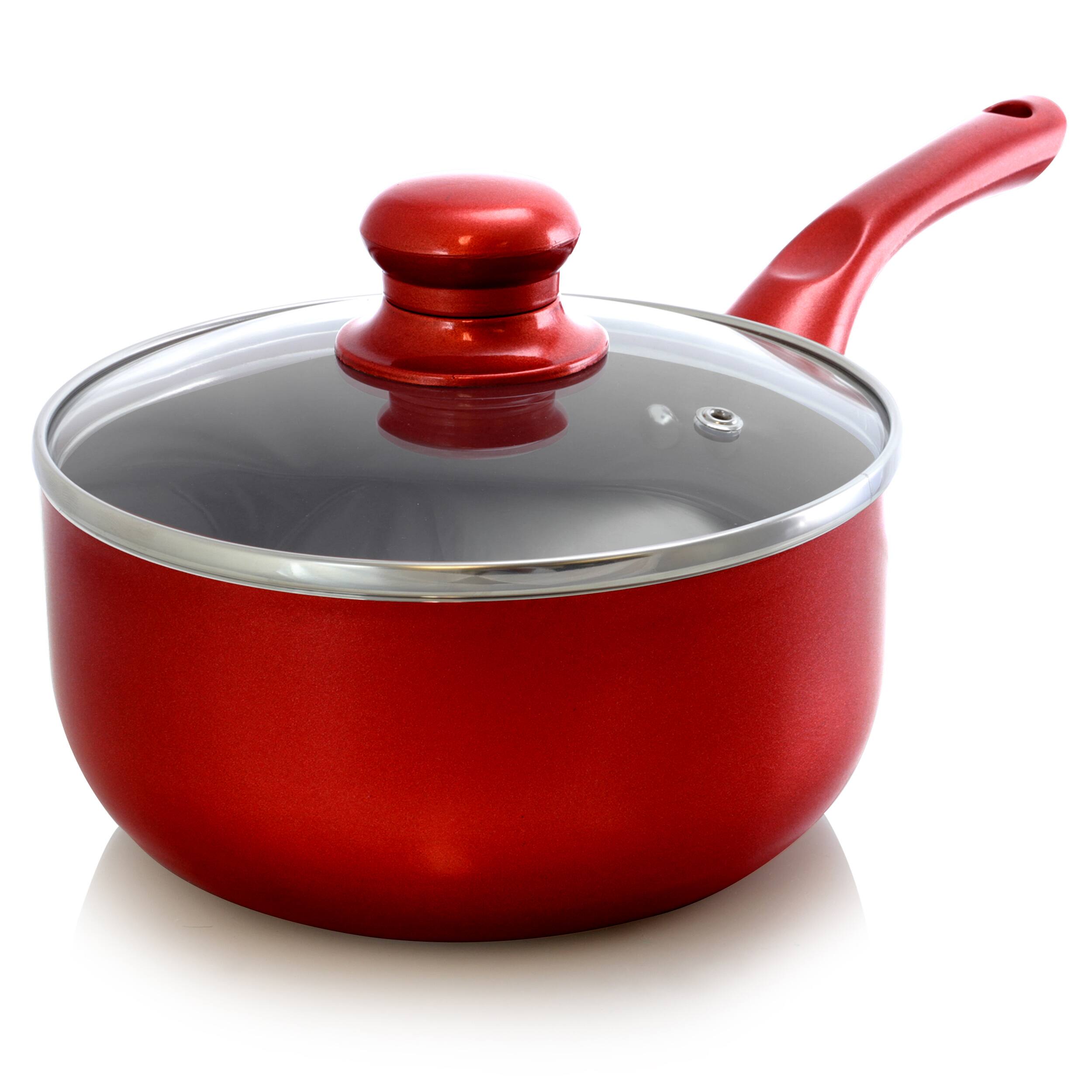 Better Chef - 1.5 Quart Ceramic Coated Saucepan with Glass Lid - Red