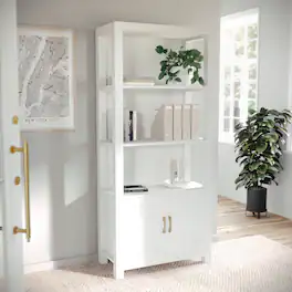 Martha Stewart - Hutton White 4 Tier Shaker Style Bookcase with Cabinet - White Frame/Polished Brass Hardware