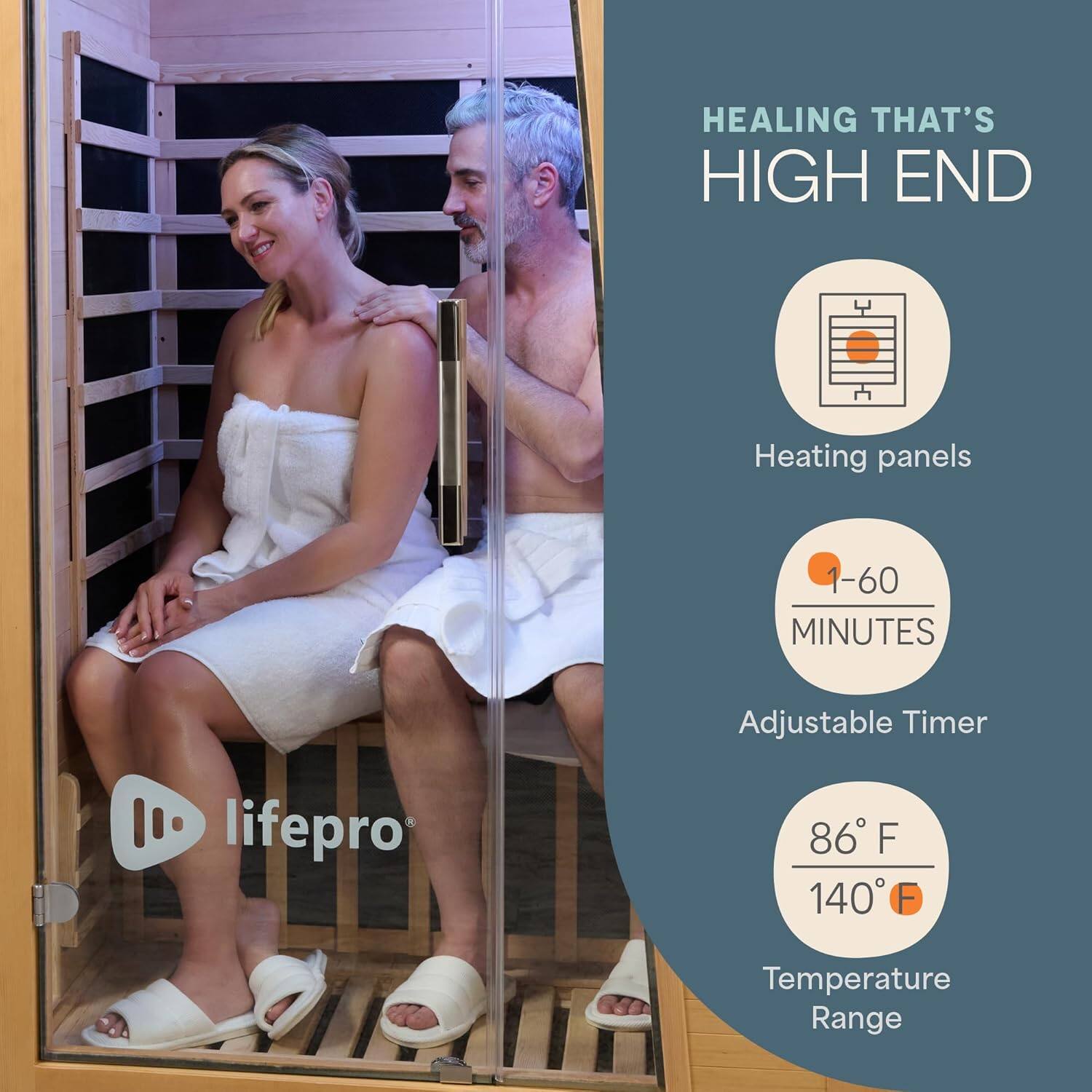 HEALING THAT'S HIGH END  
Heating panels  
1-60 MINUTES Adjustable Timer  
86°F - 140°F Temperature Range