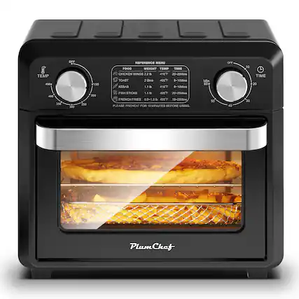 TEMP 450+ OFF *150 REFERENCE MENU FOOD WEIGHT TEMP TIME
CHICKEN WINGS 2.2 lb 410°F 20-25 Mins
TOAST A Slice 400°F 8-10 Mins
KEBAB 1.1 lb 410°F 9-10 Mins
FISH STICKS 1.1 lb 400°F 20-25 Mins
FRENCH FRIES 0.9-1.3 lb 450°F 18-25 Mins
PLEASE PREHEAT FOR 10 MINUTES BEFORE USING.
PlumChef