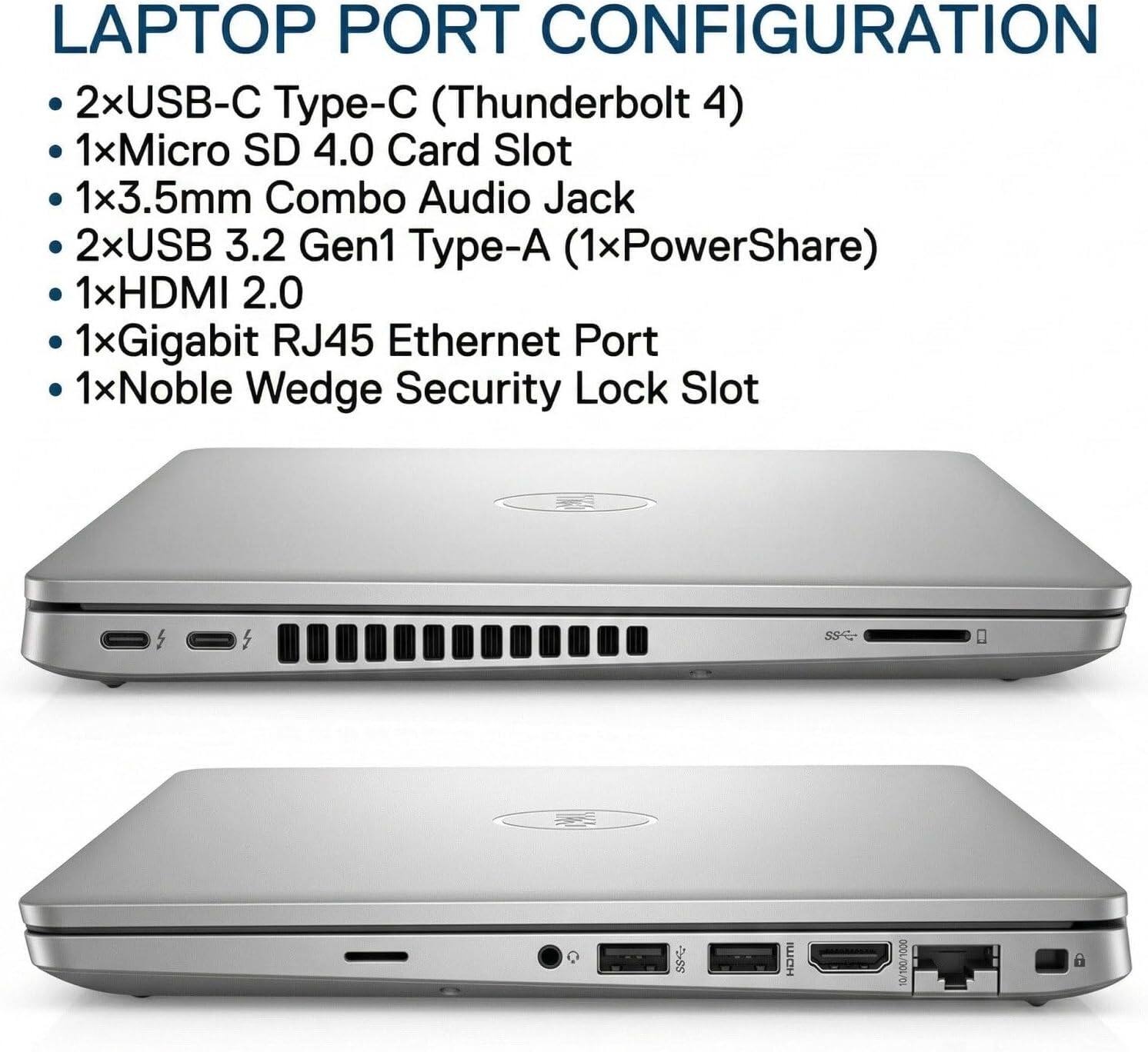 LAPTOP PORT CONFIGURATION

- 2xUSB-C Type-C (Thunderbolt 4)
- 1xMicro SD 4.0 Card Slot
- 1x3.5mm Combo Audio Jack
- 2xUSB 3.2 Gen1 Type-A (1xPowerShare)
- 1xHDMI 2.0
- 1xGigabit RJ45 Ethernet Port
- 1xNoble Wedge Security Lock Slot