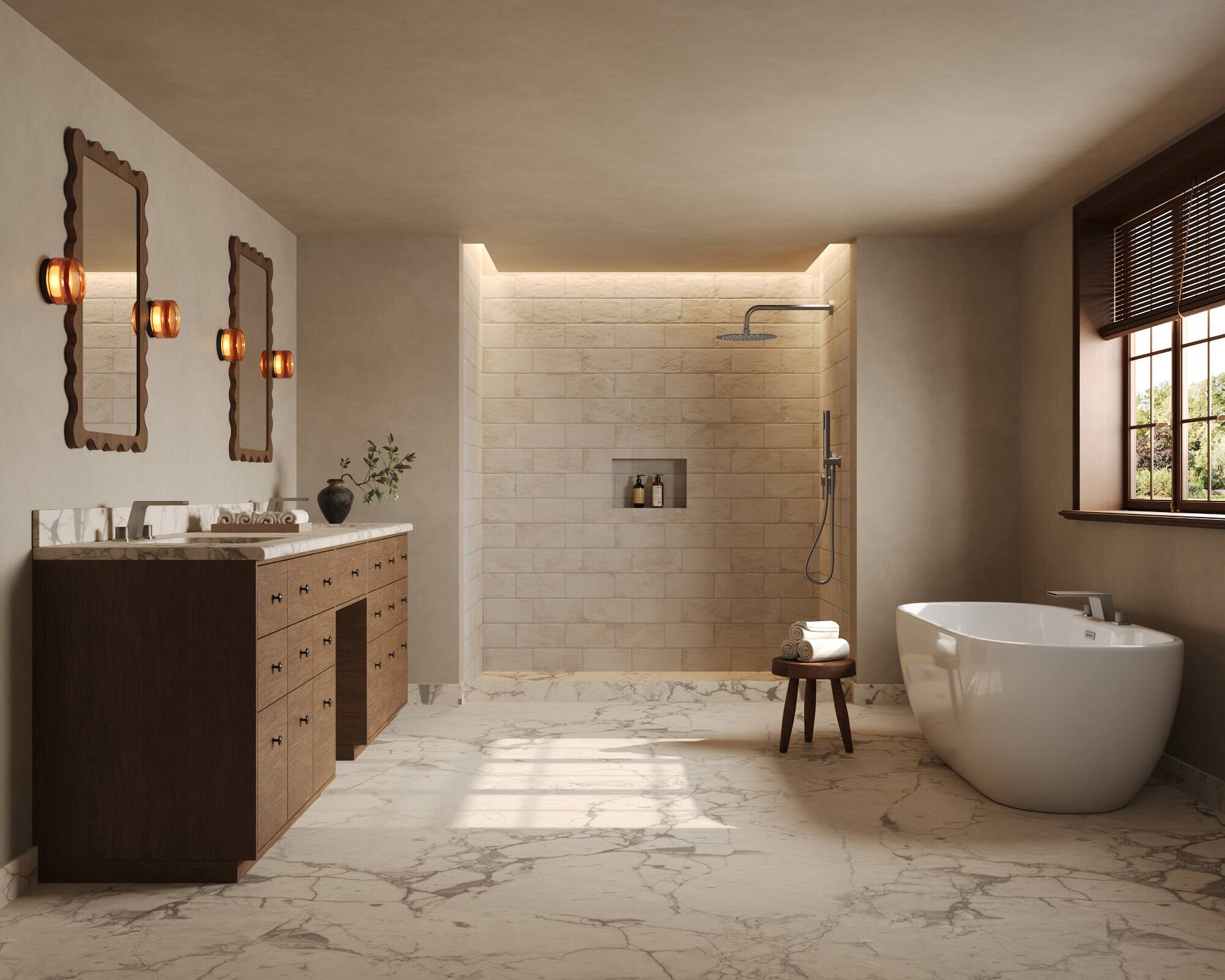 Left. GRANDJOY - Waterfall Bathtub Faucet High Flow Copper Body 3-Hole Mount Fingerprint Resistant Finish - Brushed Nickel.