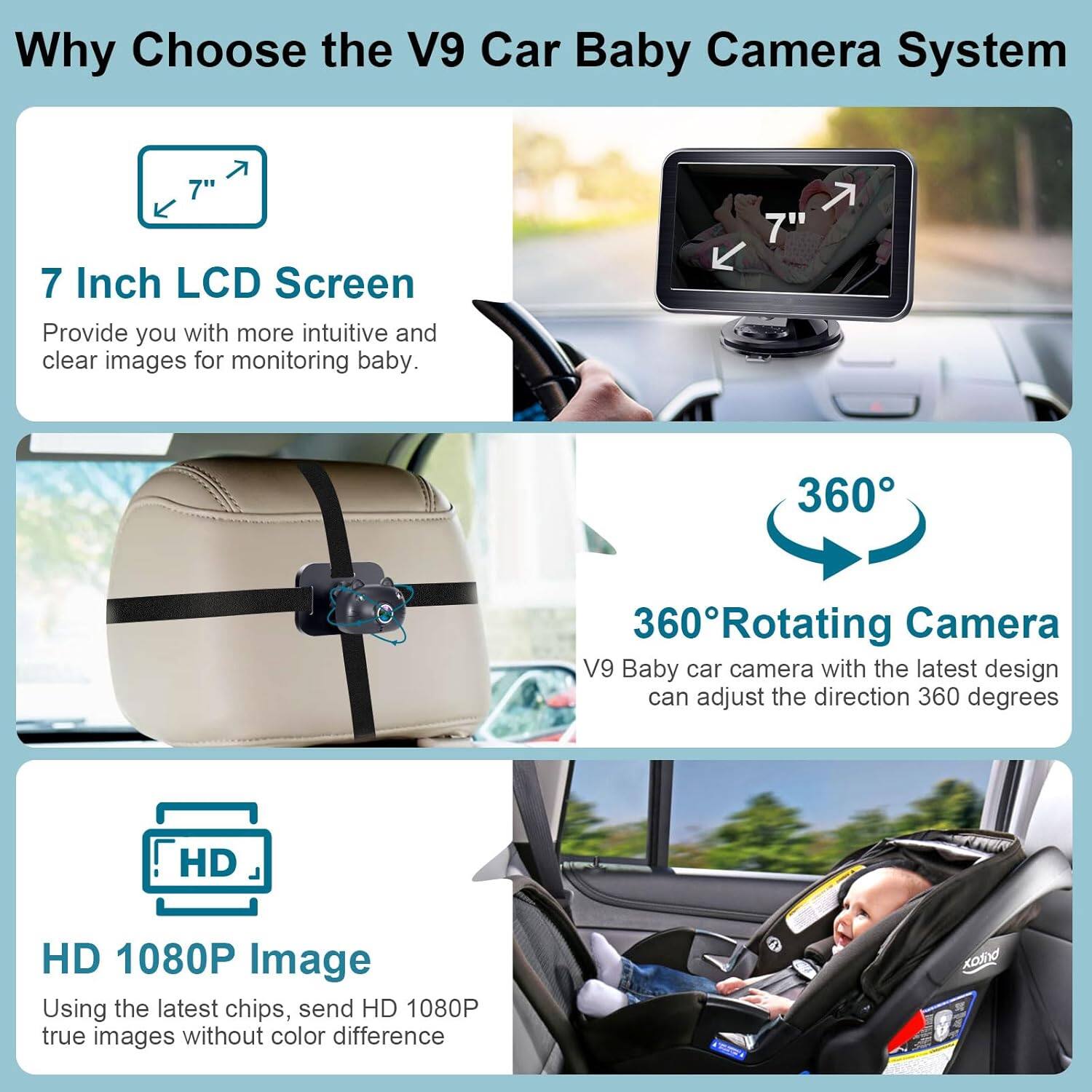 Why Choose the V9 Car Baby Camera System

7" 7 Inch LCD Screen
Provide you with more intuitive and clear images for monitoring baby.

7" 360° Rotating Camera
V9 Baby car camera with the latest design can adjust the direction 360 degrees

HD 1080P Image
Using the latest chips, send HD 1080P true images without color difference