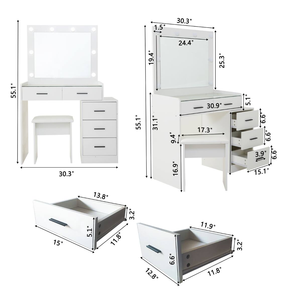 1.5"  
30.3"  
55.1"  
- - 30.3" 13.8" 5.1" 11.8" 15"  
3.2"  
19.4" 55.1" 31.1" 12.8"  
24.4" 25.3" 30.9" 17.3" 9.4" 16.9" 11.9" 6.6" 11.8"  
3.2"  
5.1 6.6 6.6" 3.9" 6.6" 15.1"