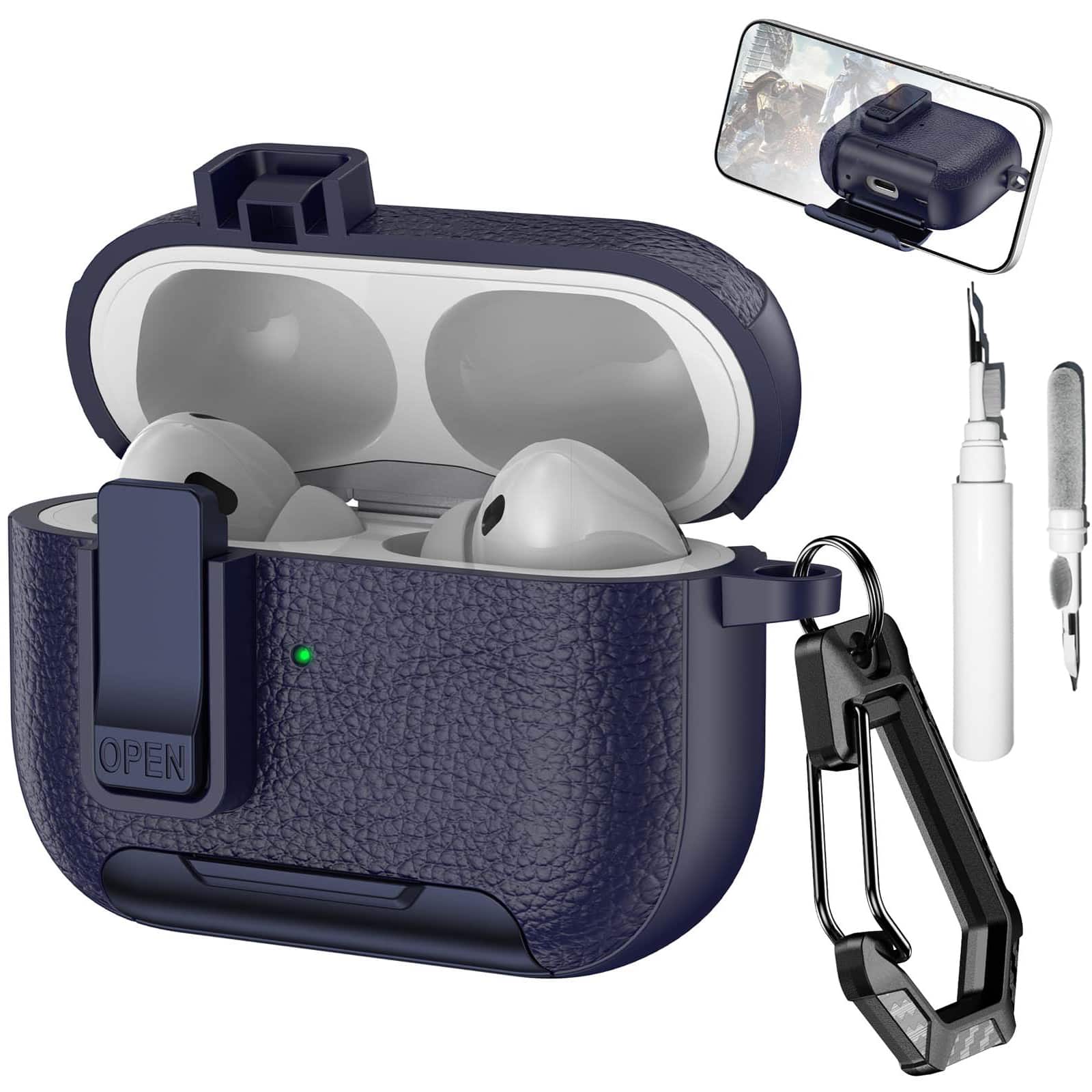 Dteck - Case for Apple Airpods Pro 2nd Gen (2022) with Phone Holder & Keychain,Leather Texture Earbuds Cover for Man Women - Darkblue