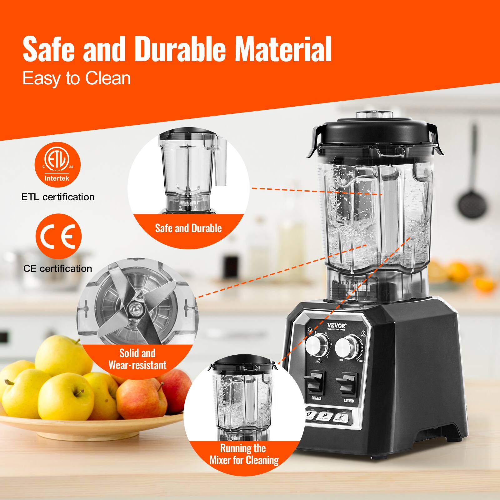 Safe and Durable Material  
Easy to Clean  

ETL certification  
CE certification  

Safe and Durable  
Solid and Wear-resistant  
Running the Mixer for Cleaning