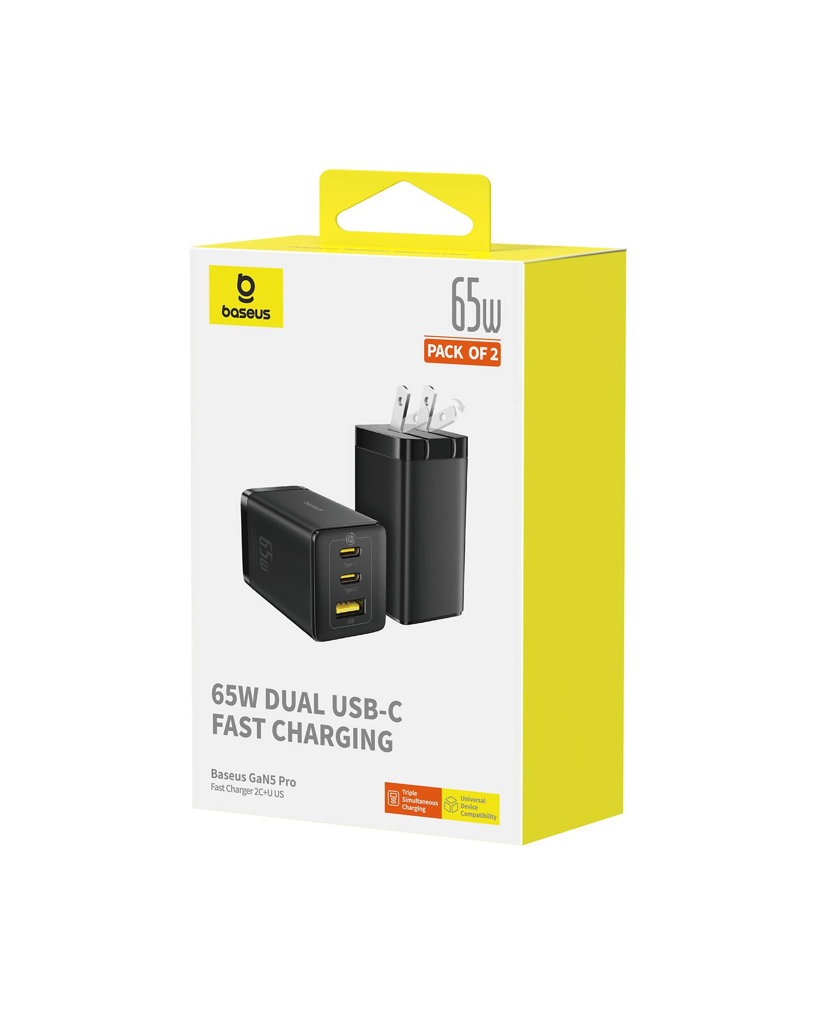 Baseus 65W Dual USB-C Fast Charging  
Baseus GaN5 Pro Fast Charger 2C+U  
65W Dual USB-C Fast Charging  
Triple Simultaneous Charging  
Universal Compatibility  
Pack of 2