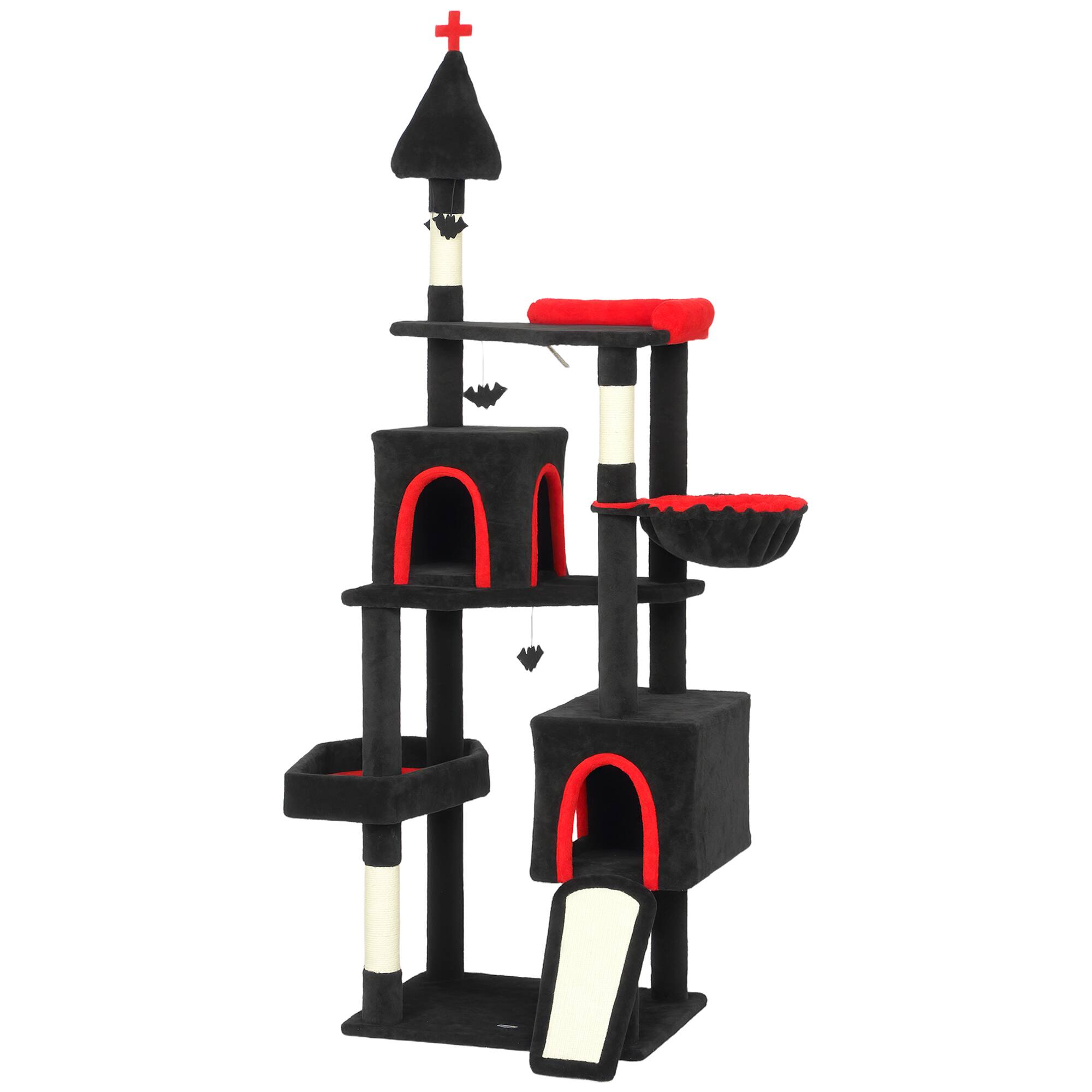 Alt View 5. Siljoy - 78" Gothic Castle Cat Tree Tower with Bat Teaser Balls, Black Red Trim Design, Two Condos & Coffin Bed.