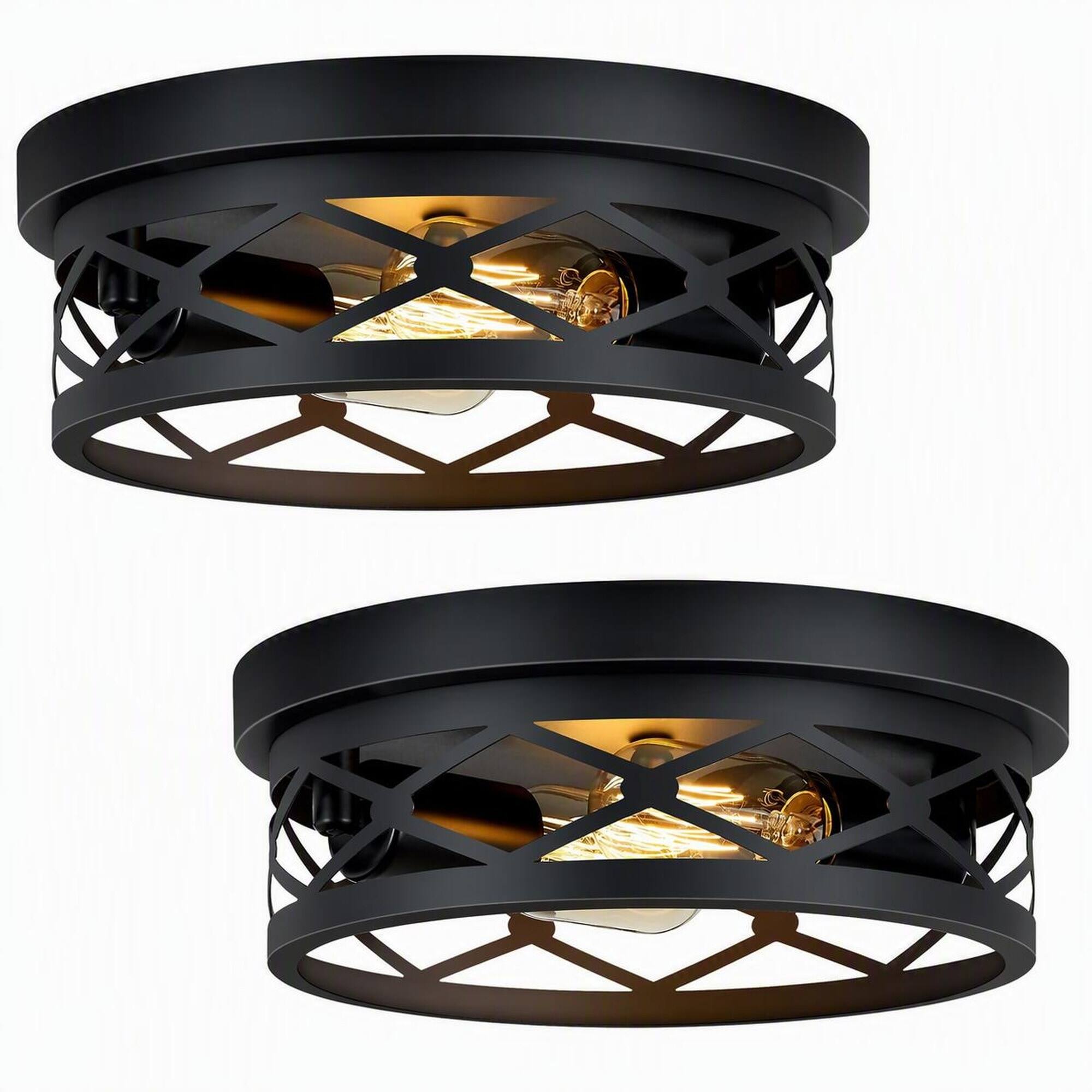 Front. RYHNUYNE - 2-Pack Matte Black Industrial Flush Mount Ceiling Light with Crisscross Metal Cage, Sealed Canopy, E26 Sockets.