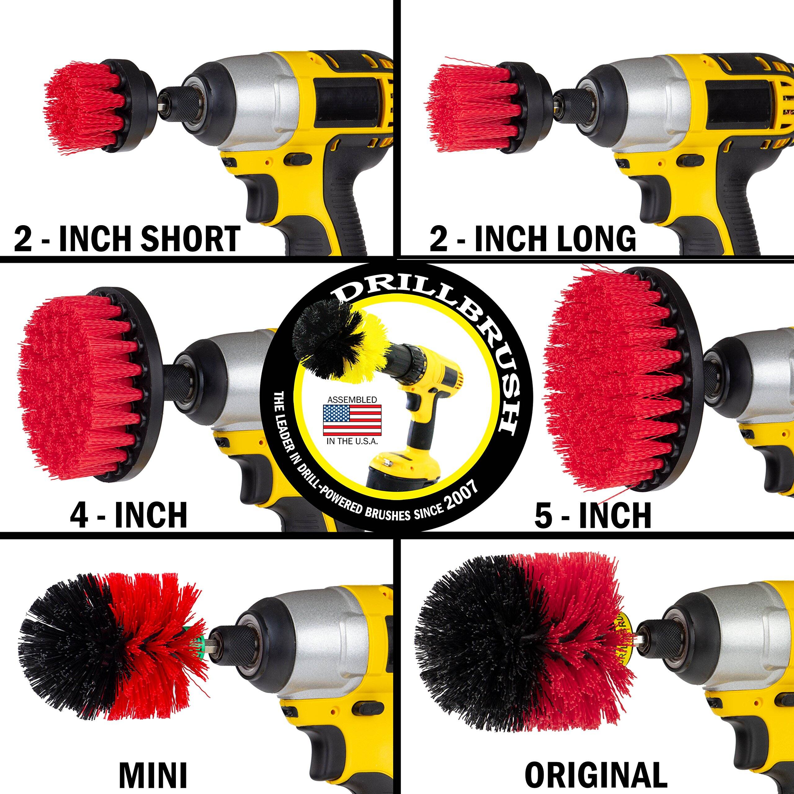 2 - INCH SHORT, 2 - INCH LONG, 4 - INCH, 5 - INCH, MINI, ORIGINAL, THE LEADER DEO IN ASSEMBLED THE U.S.A. IN DRILL POWERED SINCE 2007, 4 BRUSHES
