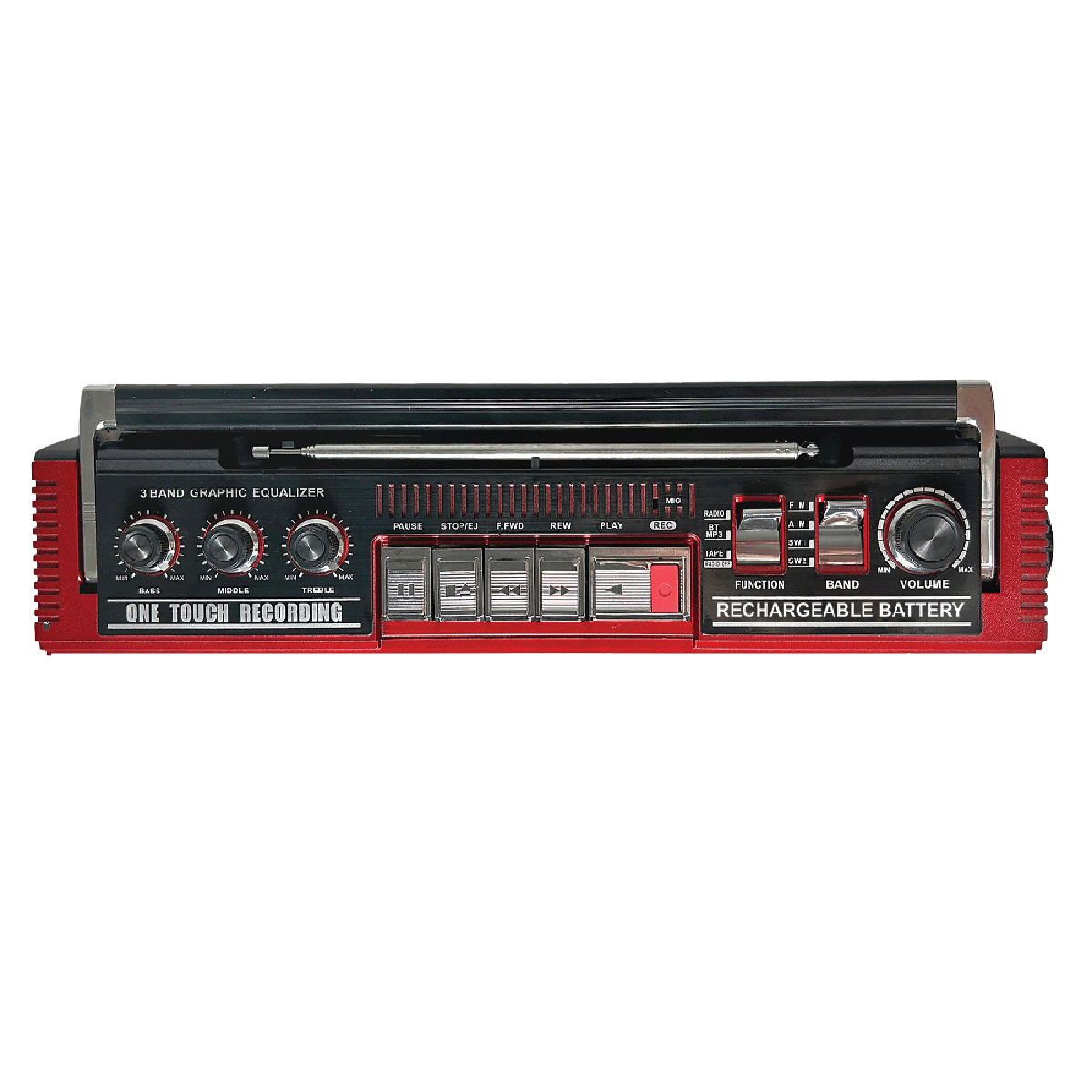 The image features a red and black electronic device with a graphic equalizer. The device is a one-touch recording machine with a pause button and a play button. It also has a rechargeable battery, making it a convenient and portable option for recording and listening to music.