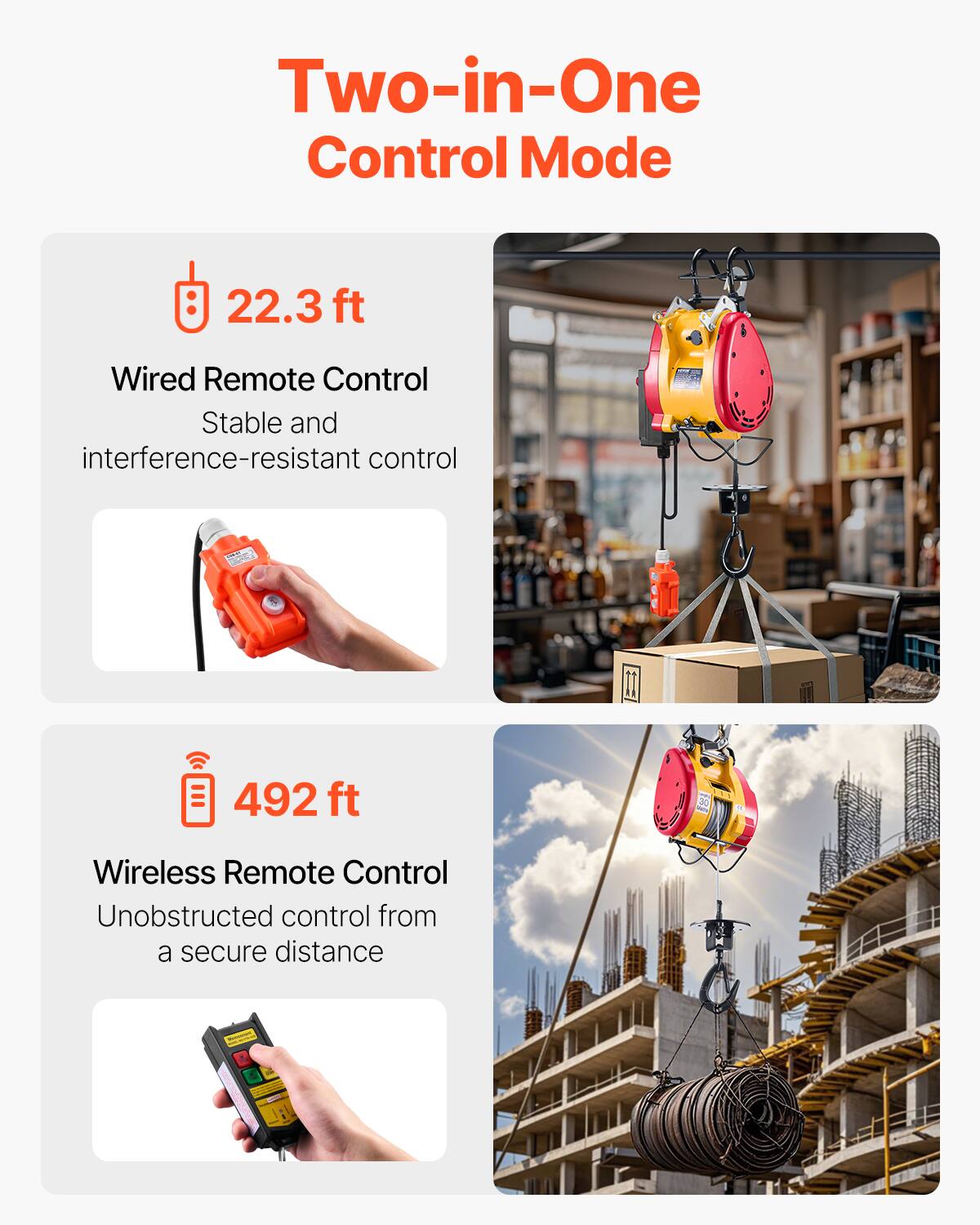 Two-in-One Control Mode

22.3 ft Wired Remote Control
Stable and interference-resistant control

492 ft Wireless Remote Control
Unobstructed control from a secure distance