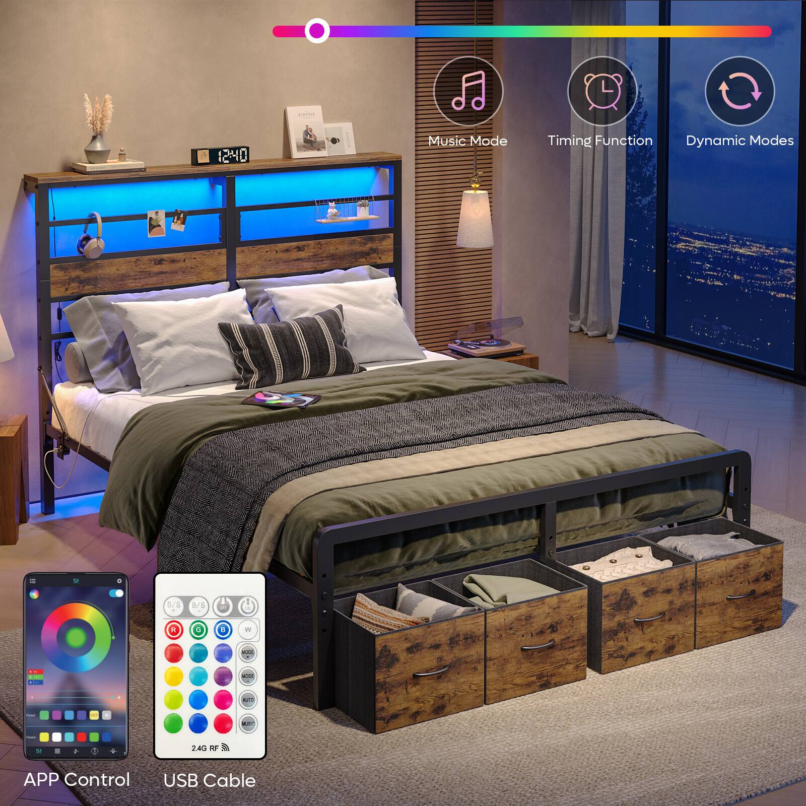 12:40 Music Mode Timing Function Dynamic Modes - a 4/S - R B W . . - .. ... - - -  + 24G AF APP Control USB Cable