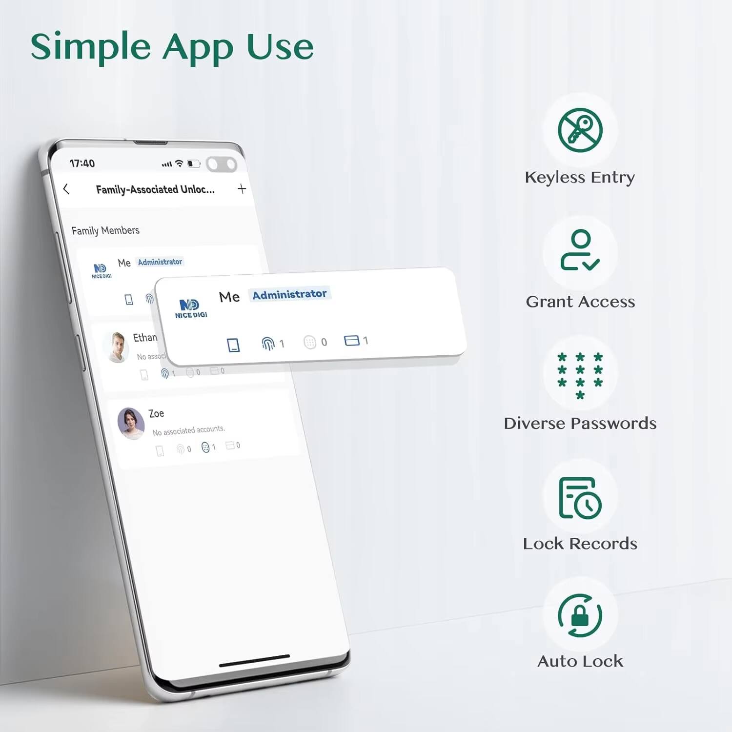 Simple App Use

Family-Assisted Unloc...

Family Members

- Me (Administrator)
  - No assoc
  - 1
  - 0
  - 1

- Ethan
  - No associated accounts.
  - 1
  - 0
  - 1

- Zoe
  - No associated accounts.
  - 1
  - 0
  - 1

Keyless Entry
Grant Access
Diverse Passwords
Lock Records
Auto Lock
