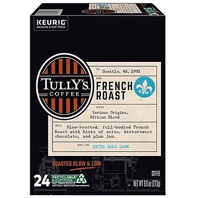**Keurig Genuine K-Cup Pods**

**Tully's Coffee**

**French Roast**

- **Scattle, WA, 1992**
- **Various Origins, African Blend**
- **Slow-roasted, full-bodied French Roast with hints of anise, bittersweet chocolate, and plum jam.**
- **Extra Bold Dark**
- **Roasted Slow & Low**
- **24 K-Cup Pods**
- **Net WT 9.6 oz (273g)**
- **Recyclable**