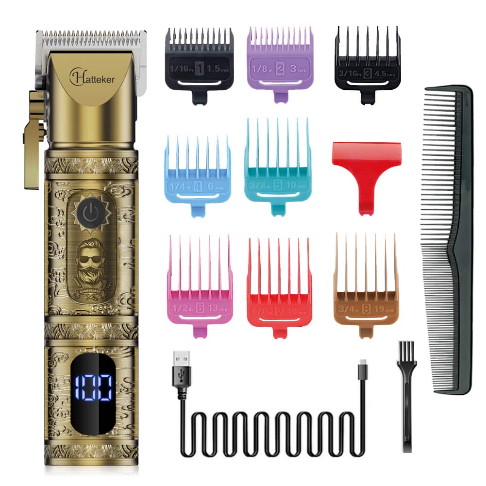 HATTEKER - Hair Clipper IPX7 Waterproof Hair Cutting Kit with LED Digital Display Vintage Engraved Cordless - bronze