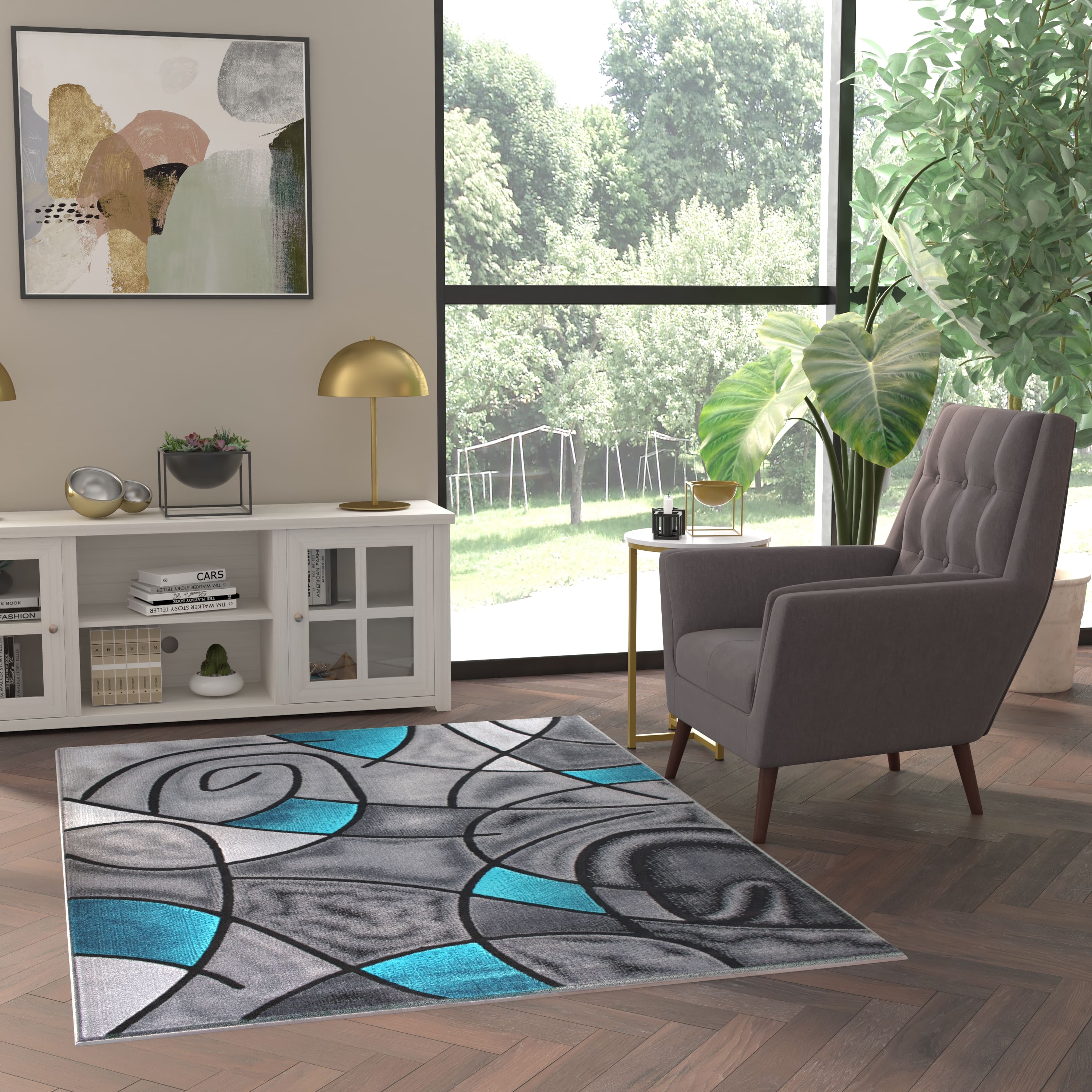 Emma + Oliver - Urbane Contemporary Abstract Geometric Olefin Accent Rug in Gradient Shades with Natural Jute Backing - Turquoise