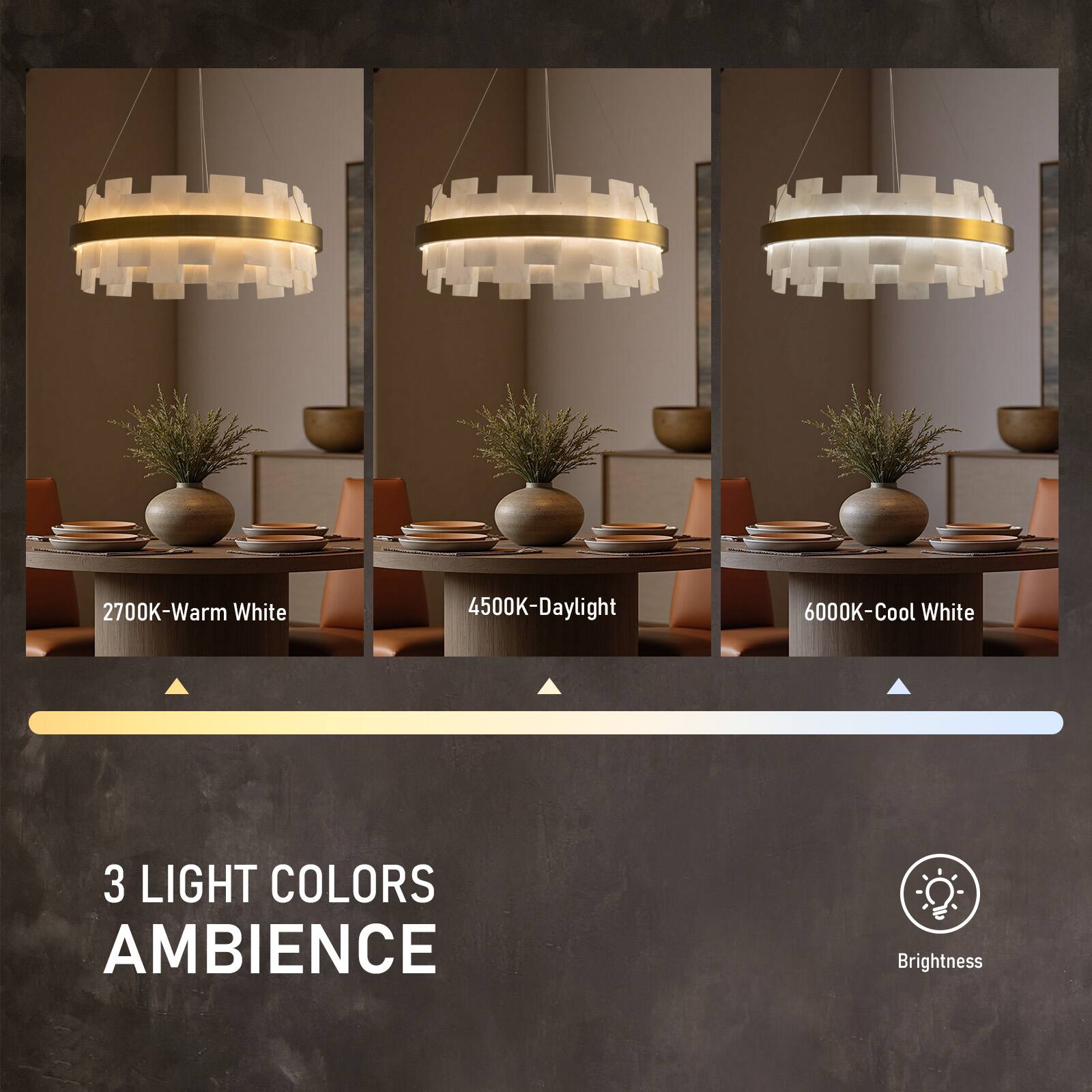 2700K-Warm White  
4500K-Daylight  
6000K-Cool White  

3 LIGHT COLORS AMBIENCE  
Brightness