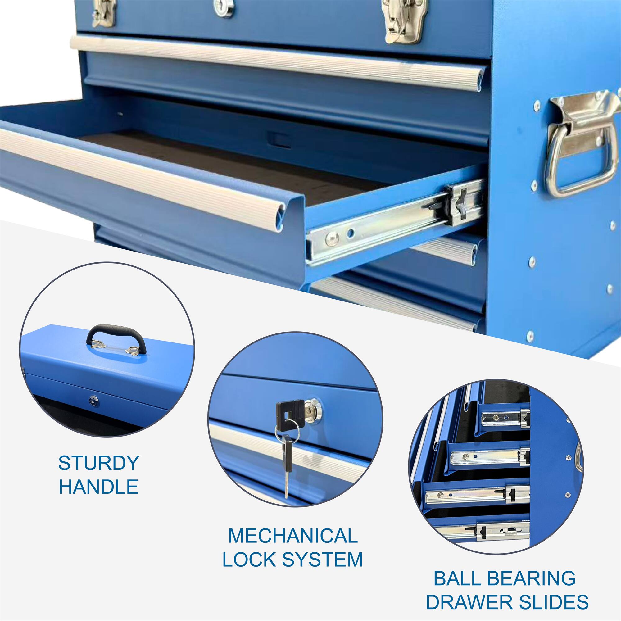 STURDY HANDLE  
MECHANICAL LOCK SYSTEM  
BALL BEARING DRAWER SLIDES