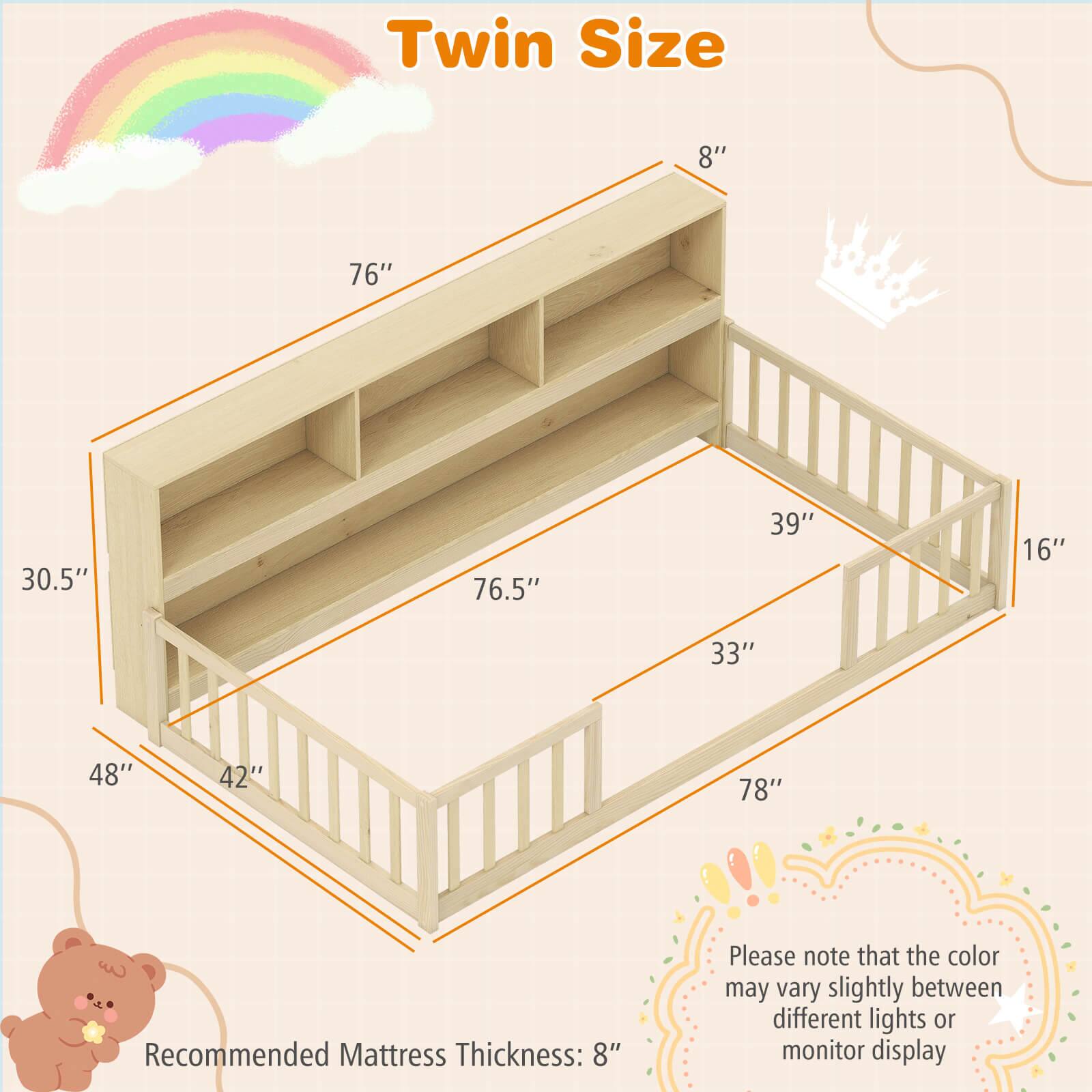 Alt View 2. Costway - Costway Twin Size Montessori Floor Bed with Bookcase Storage Shelves & Safety Fence Rails - Natural.