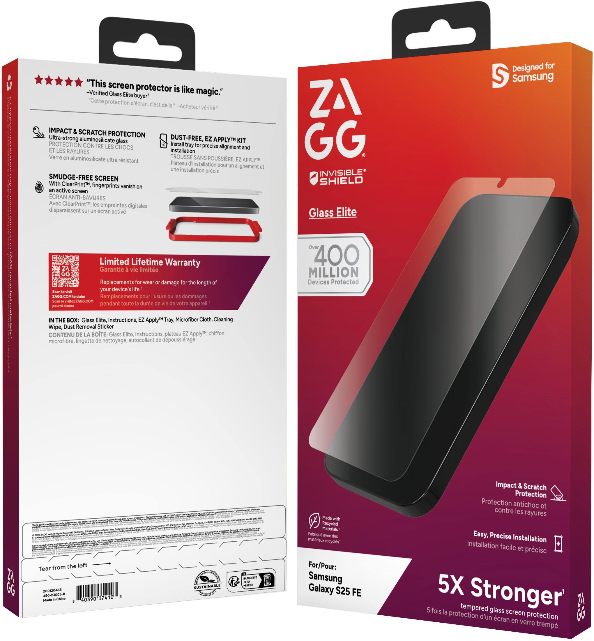 **Front Side:**

- "This screen protector is like magic."
- "Verified Glass Elite buyer"
- "Cette protection d'écran c'est comme de la magie - Acheteur vérifié"
- "IMPACT & SCRATCH PROTECTION"
- "PROTECTION CONTRE LES CHOCS ET LES RAYURES"
- "Ultra-strong aluminosilicate glass"
- "Verre aluminosilicate ultra résistant"
- "DUST-FREE, EZ APPLY KIT"
- "TROUSSE SANS POUSSIERE, EZ APPLY"
- "Install tray for precise alignment and installation"
- "Plateau d'installation pour une installation précise"
- "SMUDGE-FREE SCREEN"
- "ECRAN ANTI-BAVURES"
- "With ClearPrint™, fingerprints vanish on active screen"
- "Avec ClearPrint™, les empreintes digitales disparaissent sur l'écran actif"
- "Limited Lifetime Warranty"
- "Garantie à vie limitée"
- "Replacements for wear & damage for the length of your device's life"
- "Remplacements pour tous les dommages pendant toute la durée de vie de votre appareil"
