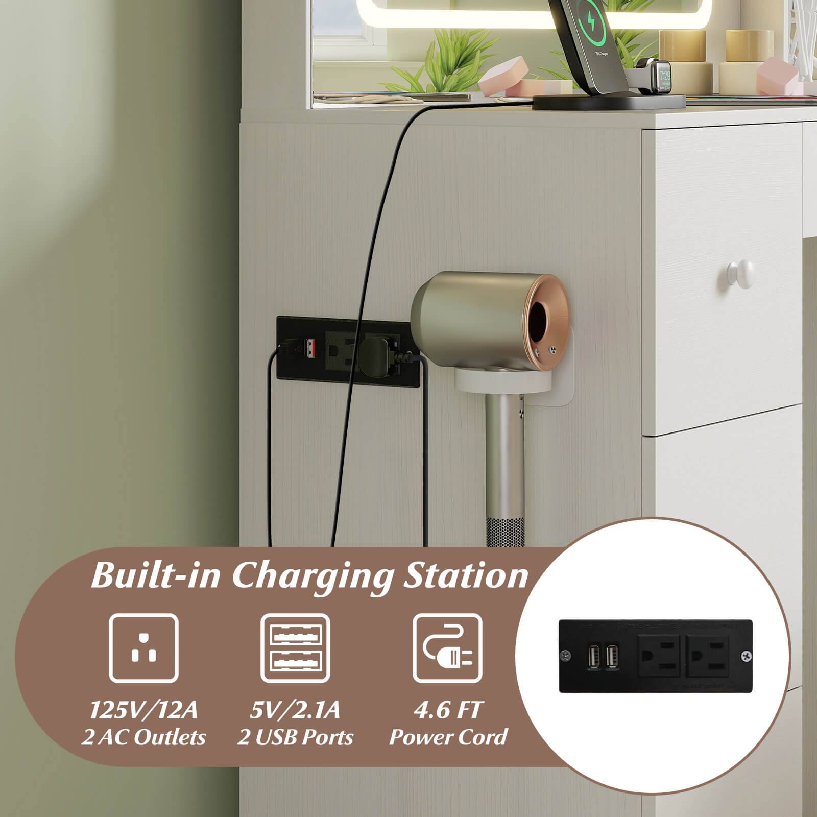 Built-in Charging Station

- 125V/12A
- 2 AC Outlets
- 5V/2.1A
- 2 USB Ports
- 4.6 FT Power Cord