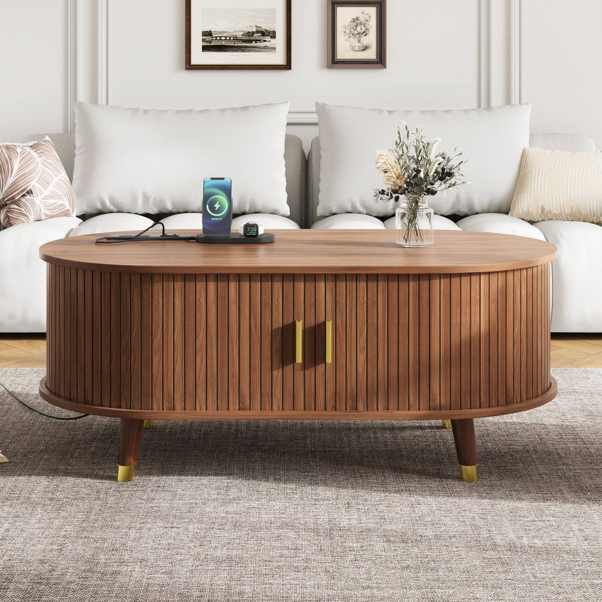 Front. Lirago - 43" Century Farmhouse Wooden Oval Coffee Table Fluted Design with Charging Station Sliding Tambour Door Solid Wood Legs - Brown.