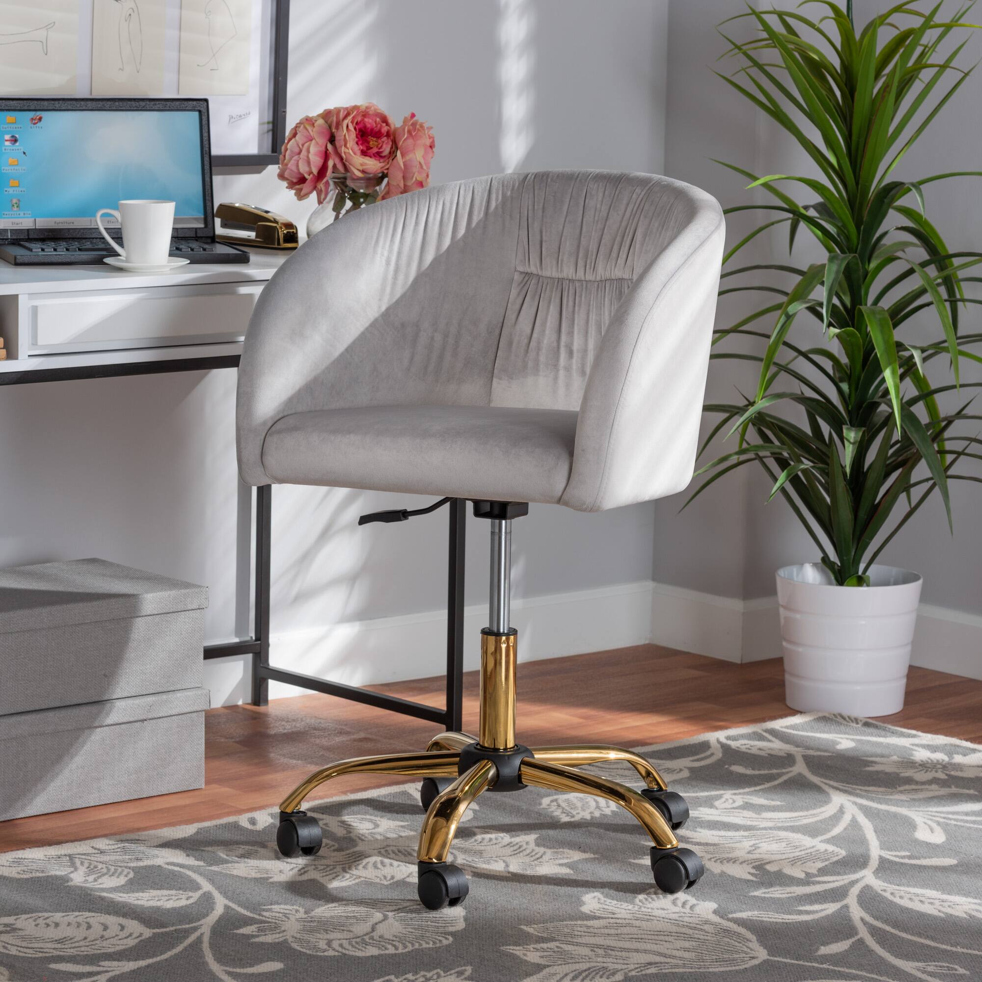 Alt View 6. Baxton Studio - Ravenna Contemporary Glam and Luxe Velvet Fabric and Metal Swivel Office Chair - Grey/Gold.
