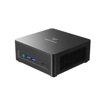 Front. Minisforum - UM760 Slim Mini PC, AMD Ryzen 5 7640HS, AMD Radeon 760M, 16GB RAM + 1TB SSD, USB4, Wi-Fi 6E, Windows 11 Pro - Black.
