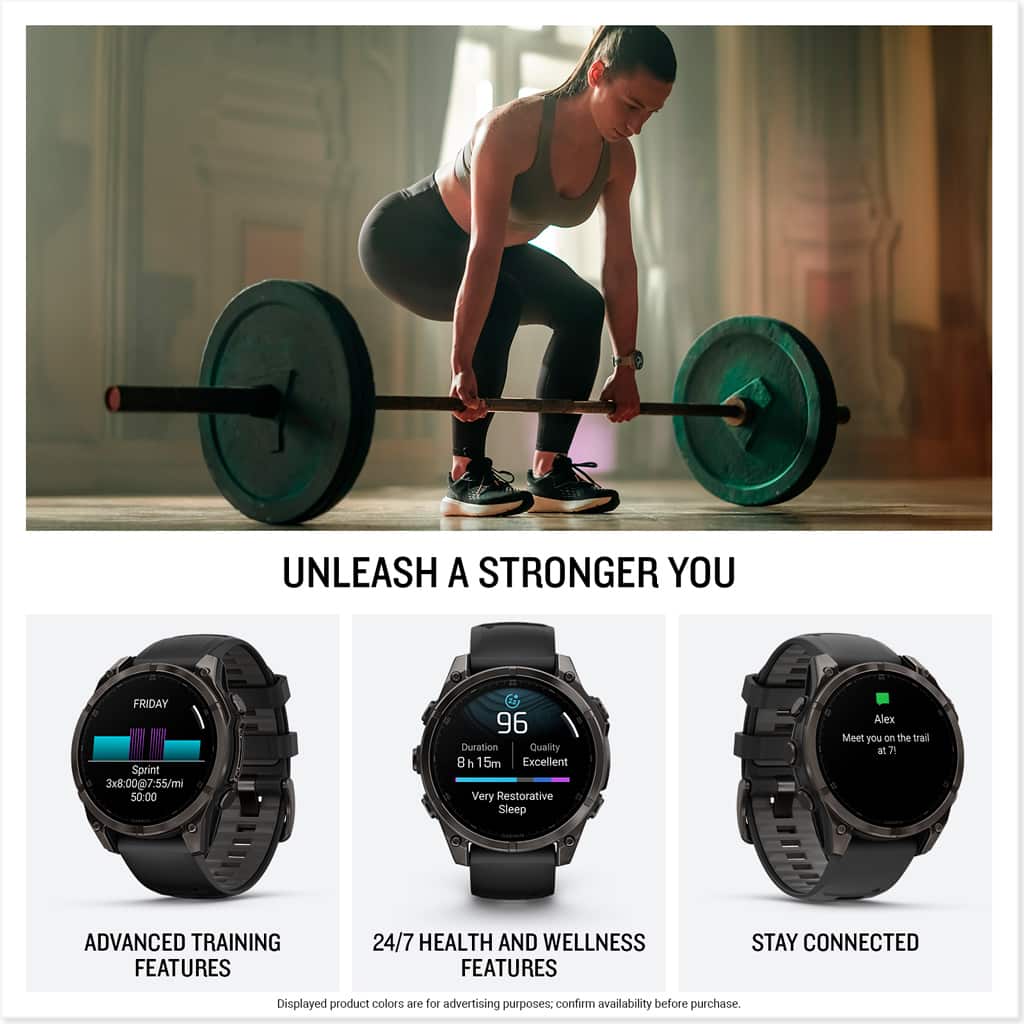 UNLEASH A STRONGER YOU
Advanced Training Features:
1. Friday Sprint 3x8:00
2. 7:55/mi
3. 50:00
4. 96 Duration
5. Quality 8 b 15m
6. Excellent
7. Very Restorative Sleep
8. Meet you on the trail
7 Advanced Training Features
24/7 Health and Wellness Features
Stay Connected