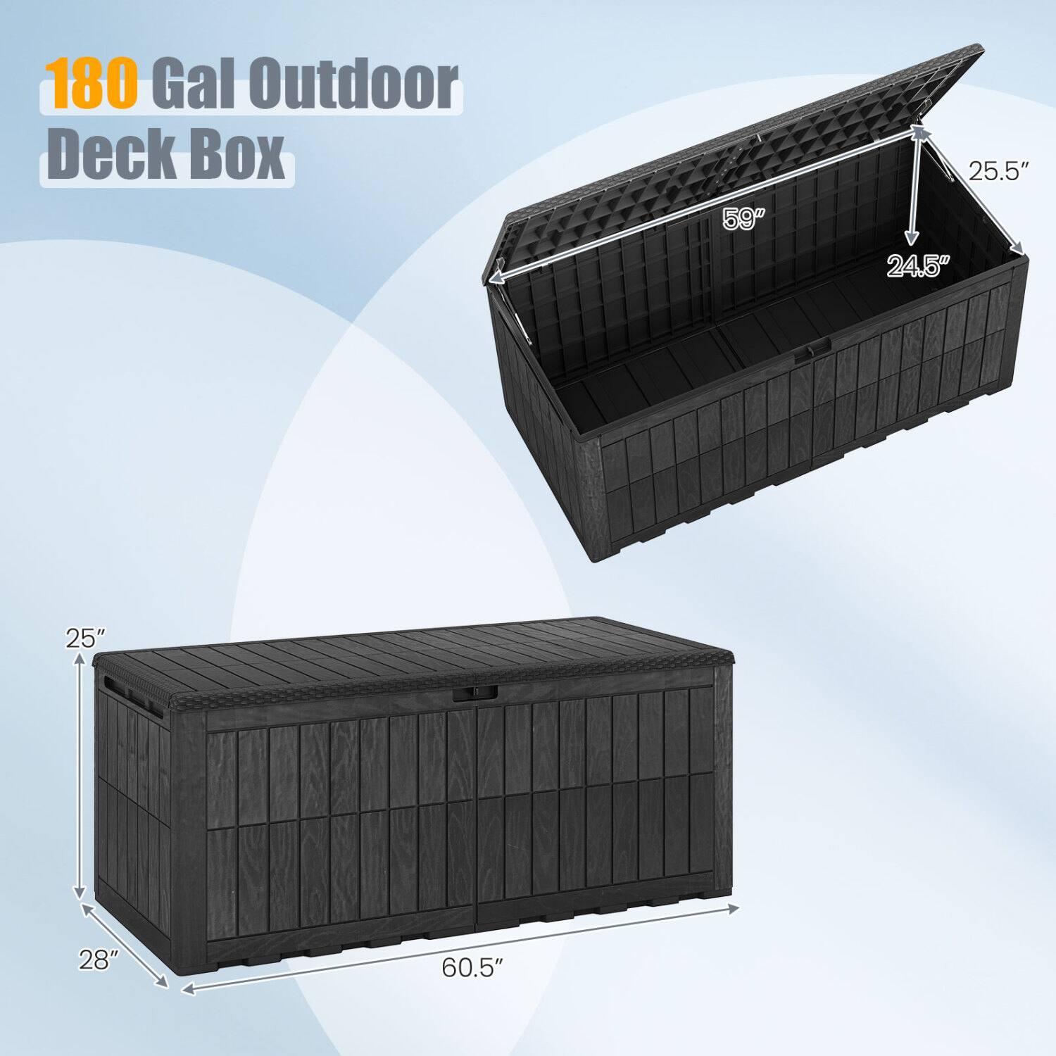 180 Gal Outdoor Deck Box

59"
25.5"
24.5"
25"
28"
60.5"