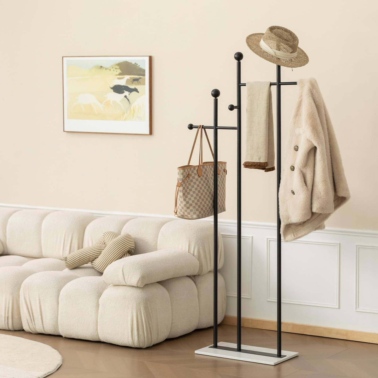 Back. HM 1810 - Standing Coat Rack With Marble Base Heavy Duty Clothes Hanger Metal Tree For Hats Scarfs Purses 19 - Black.