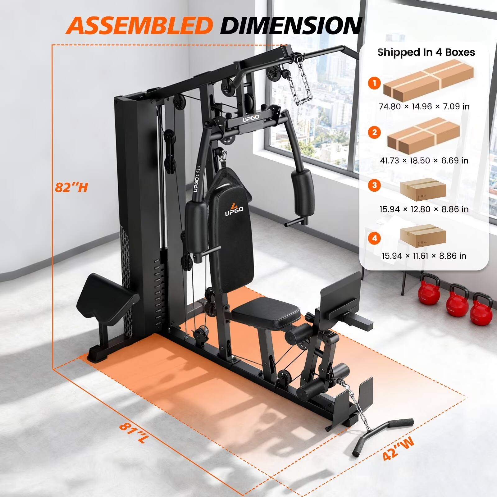 ASSEMBLED DIMENSION  
Shipped In 4 Boxes

1. 74.80 X 14.96 X 7.09 in  
2. 41.73 X 18.50 X 6.69 in  
3. 15.94 X 12.80 X 8.86 in  
4. 15.94 X 11.61 X 8.86 in  

82"H  
81"L  
42"W