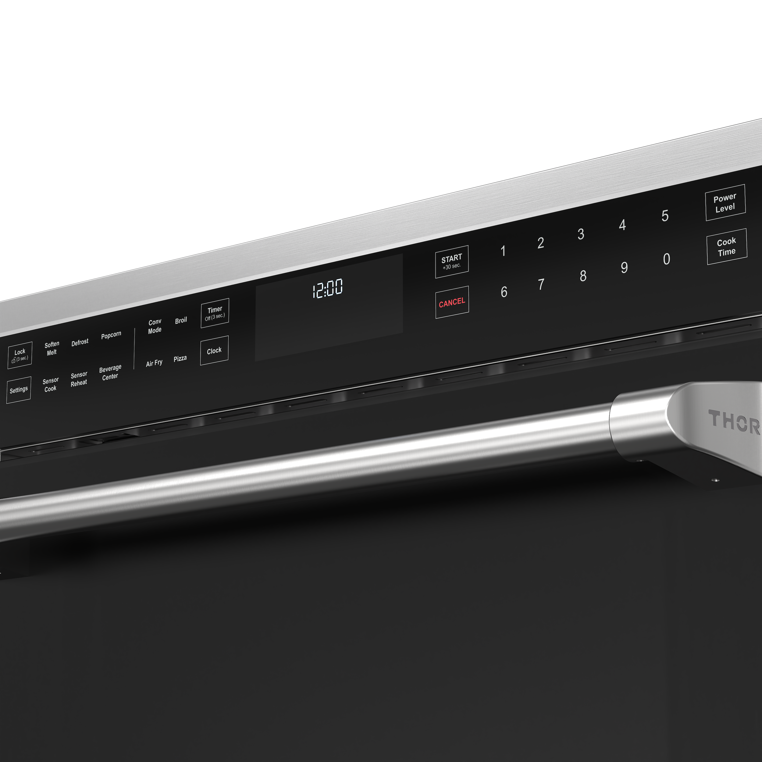 Sure, here is the corrected and grouped text from the image:

---

**Top Row:**
- Lock
- Soften
- Defrost
- Popcorn
- Cook Mode
- Broil
- Timer (off)
- Clock

**Middle Row:**
- Melt
- Sensor
- Beverage Center
- Air Fry
- Pizza

**Right Side:**
- START (30 sec)
- CANCEL
- 1 2 3 4 5 6 7 8 9 0
- Power Level
- Cook Time

**Bottom Row:**
- Settings
- Cook
- Reset

**Time Display:**
- 12:00

**Brand:**
- THOR

---