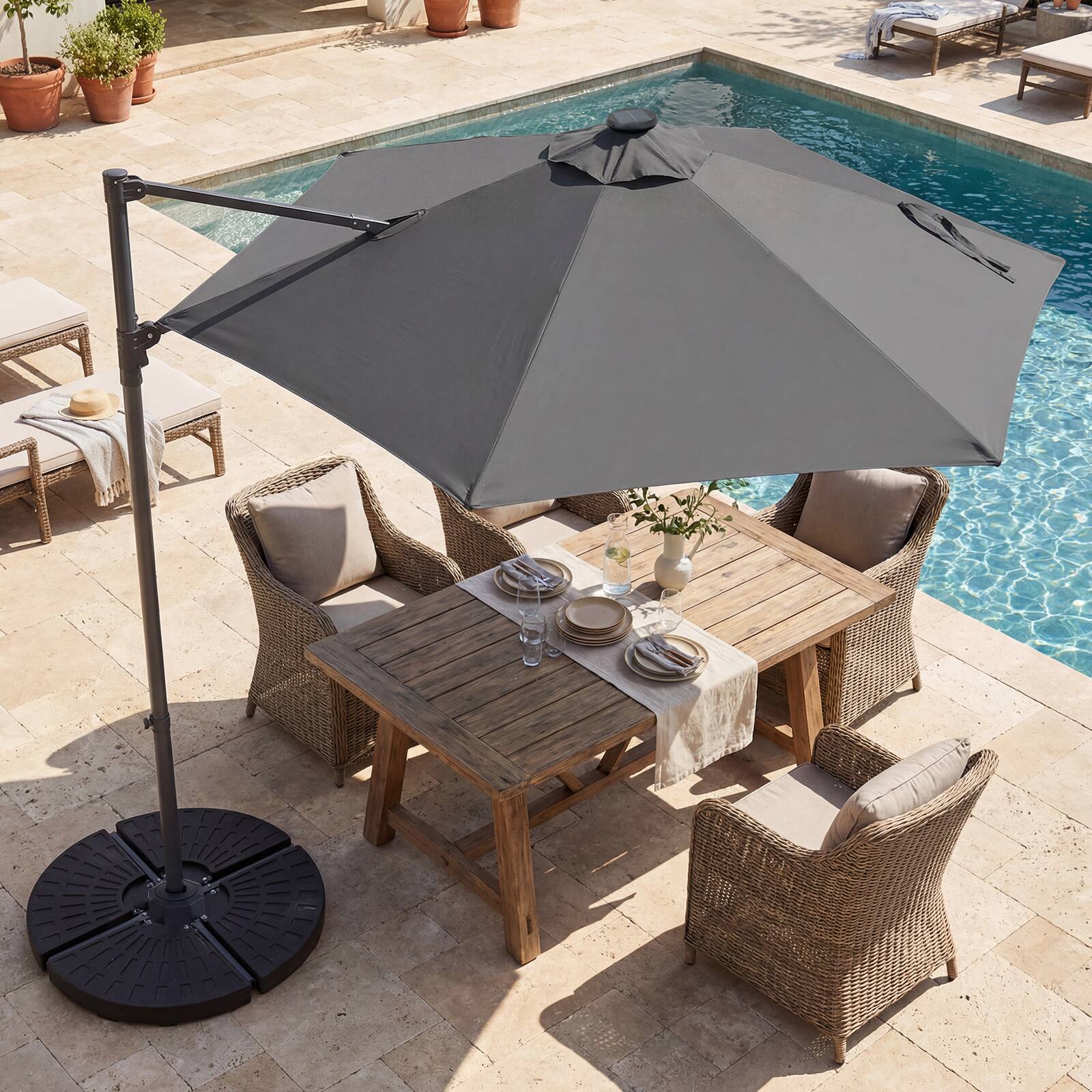 Alt View 4. Costway - Costway 10 FT Patio Cantilever Umbrella with Solar LED Lights, 360° Rotation, Air Vent - Gray.