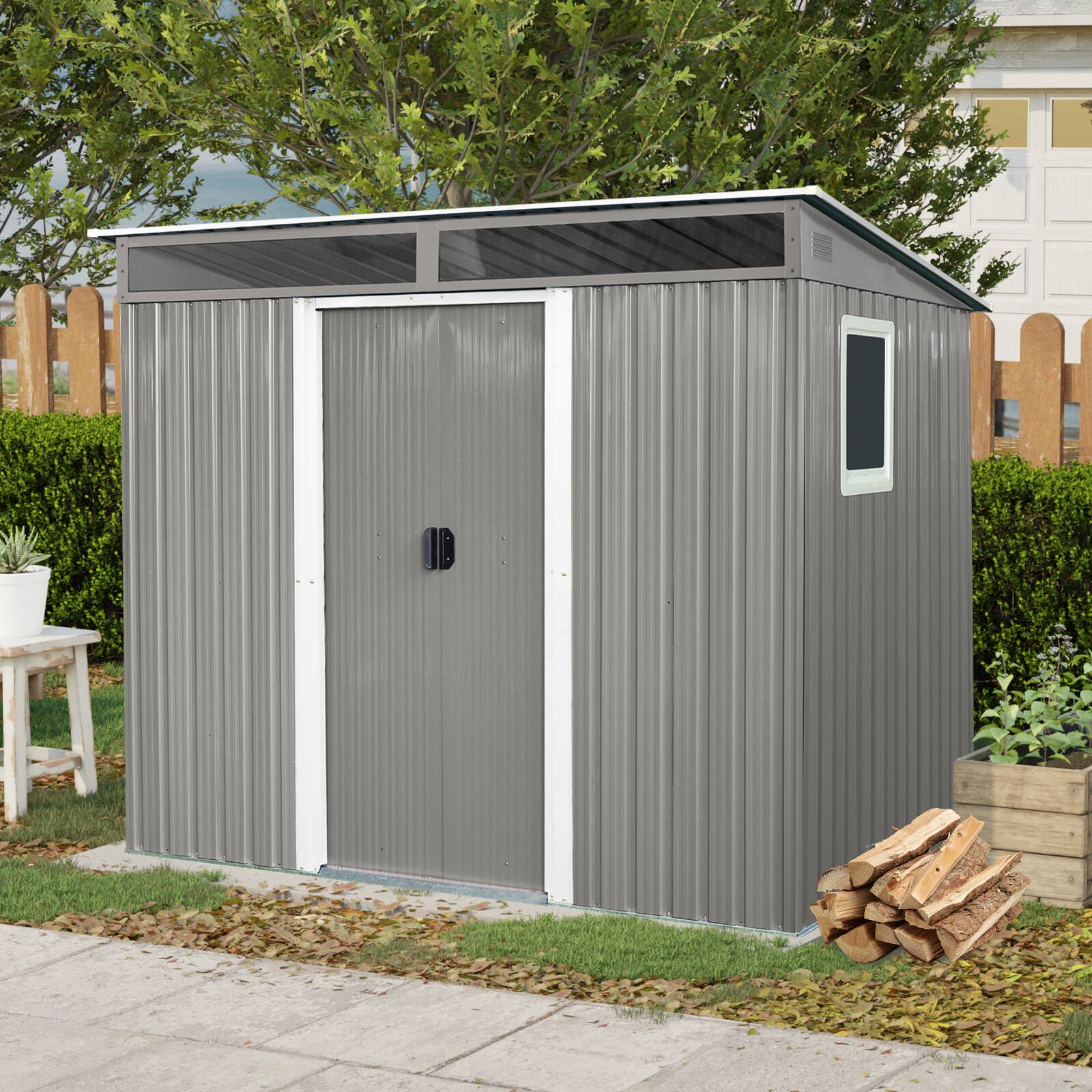 Angle. Mondawe - 8 ft x 6 ft Outdoor Metal Storage Shed with Window - Gray.