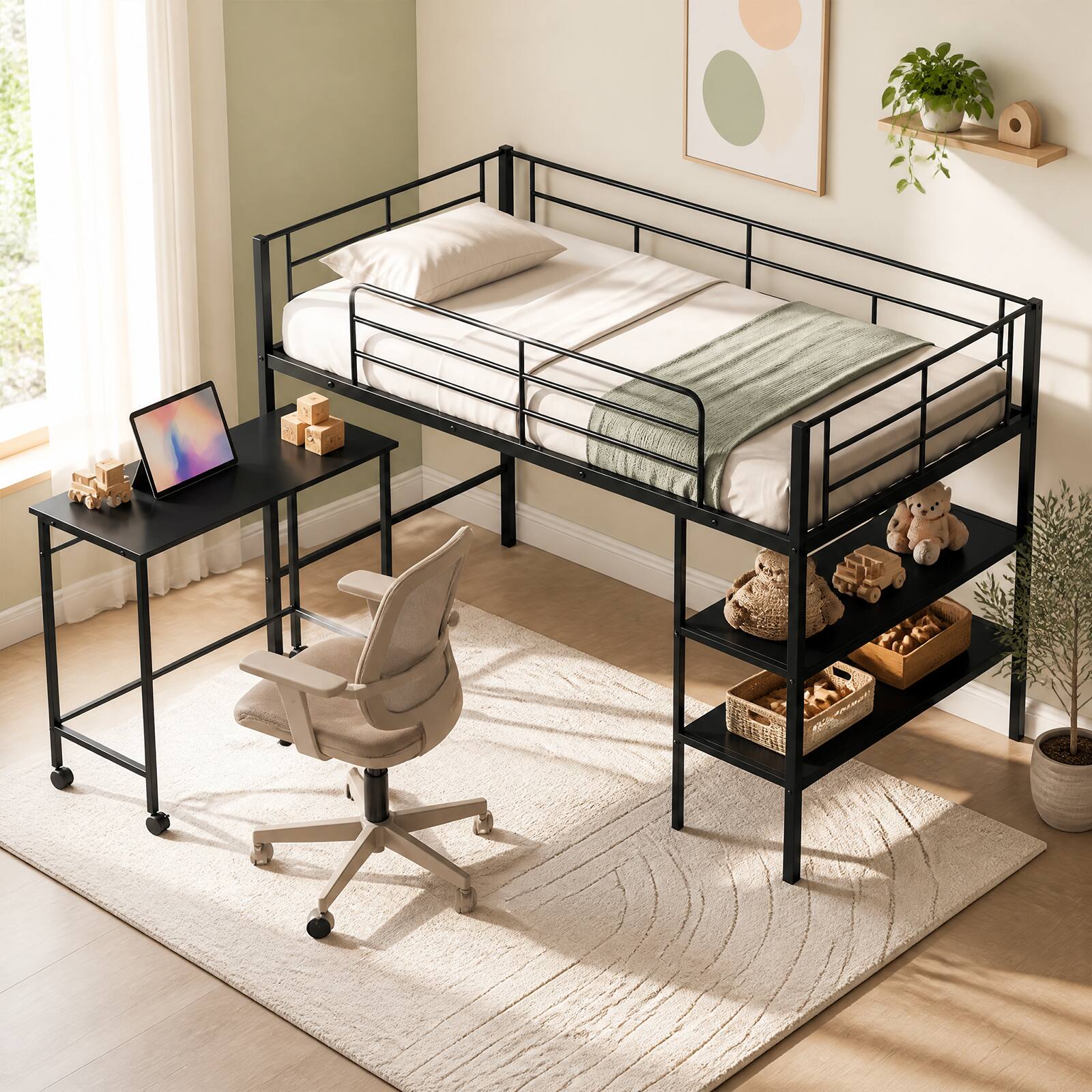 Alt View 4. Costway - Costway Twin Size Loft Bed with Rolling Desk & Bookshelf, Metal Slats for Bedroom Dormitory - Black.