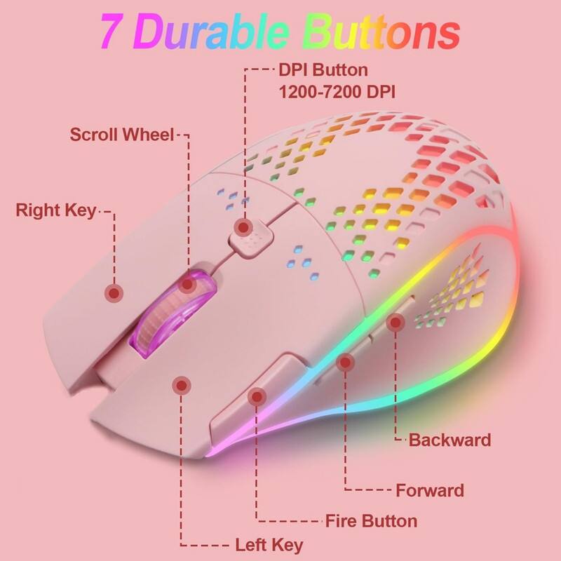 7 Durable Buttons  
- DPI Button  
- 1200-7200 DPI  
- Scroll Wheel  
- Right Key  
- Backward  
- Forward  
- Left Key  
- Fire Button