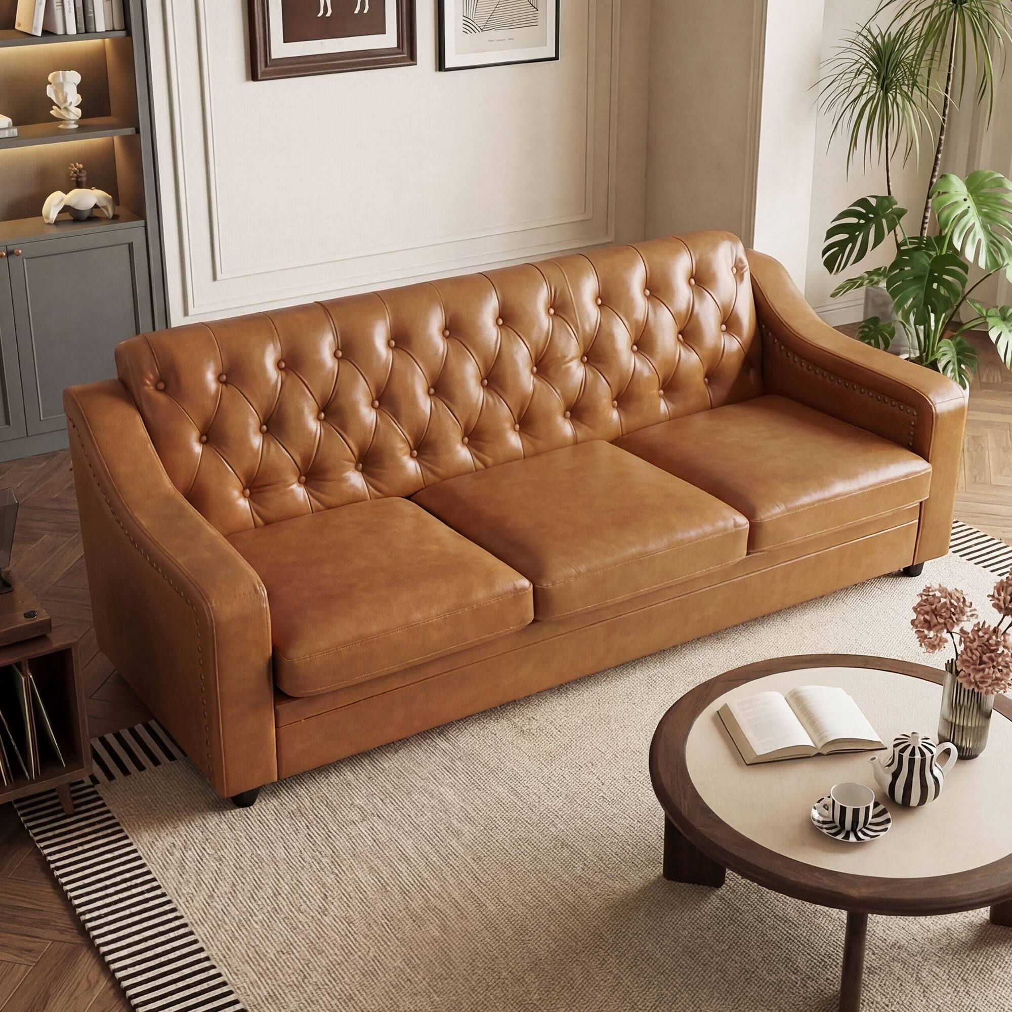 Alt View 3. Dyonery - 78.7" Three Seater Sofa, Chesterfield Sofa, Mid-Century Modern PU Upholstered, Deep Button Tufted Sofa,Red Brown - Brown.