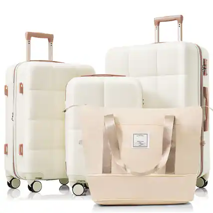 Front. LOVMOR - Lovmor 4-Piece ABS Hardshell Luggage Set Cup Holder Spinner Travel Bag White - White+Gold.