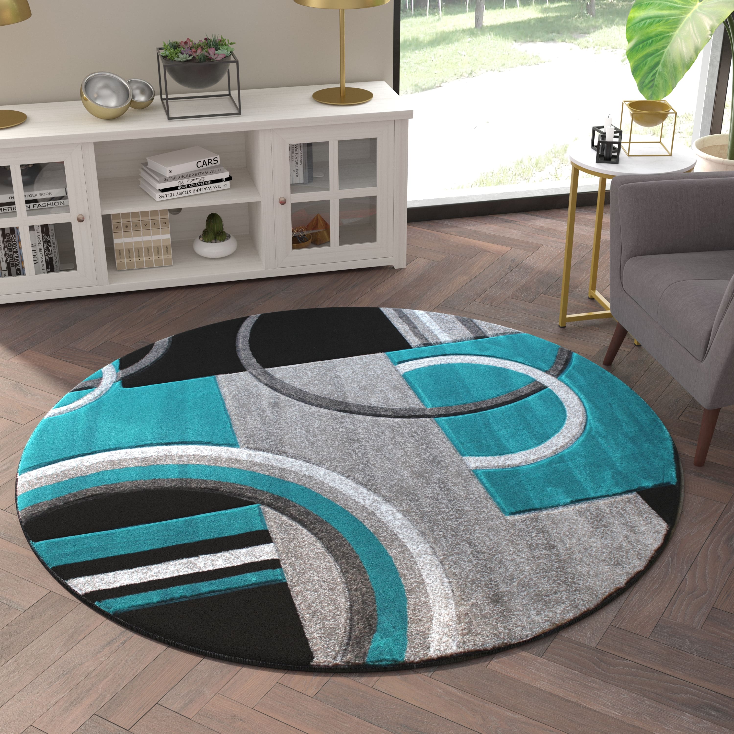 Emma + Oliver - Metropolitan Olefin Accent Rug with Modern Geometric Pattern with Natural Jute Backing - Turquoise