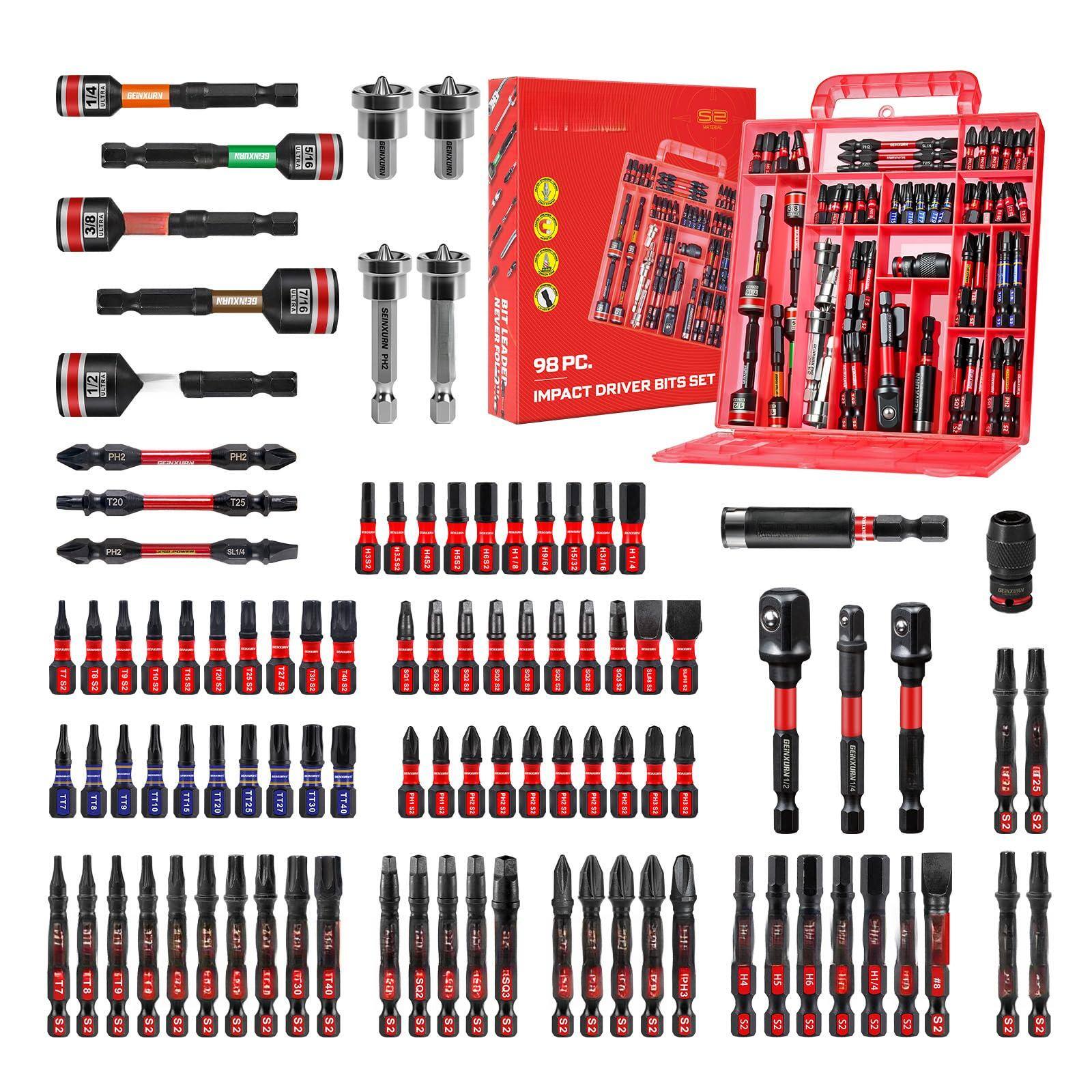 JETRANSPORT - 98pieces 1"/2" Impact Bits Set Magnetic S2 Steel (phillips/slotted/square/torx/hex/security Torx) Driver - Multi-bit Red 1"/2"-98PCS